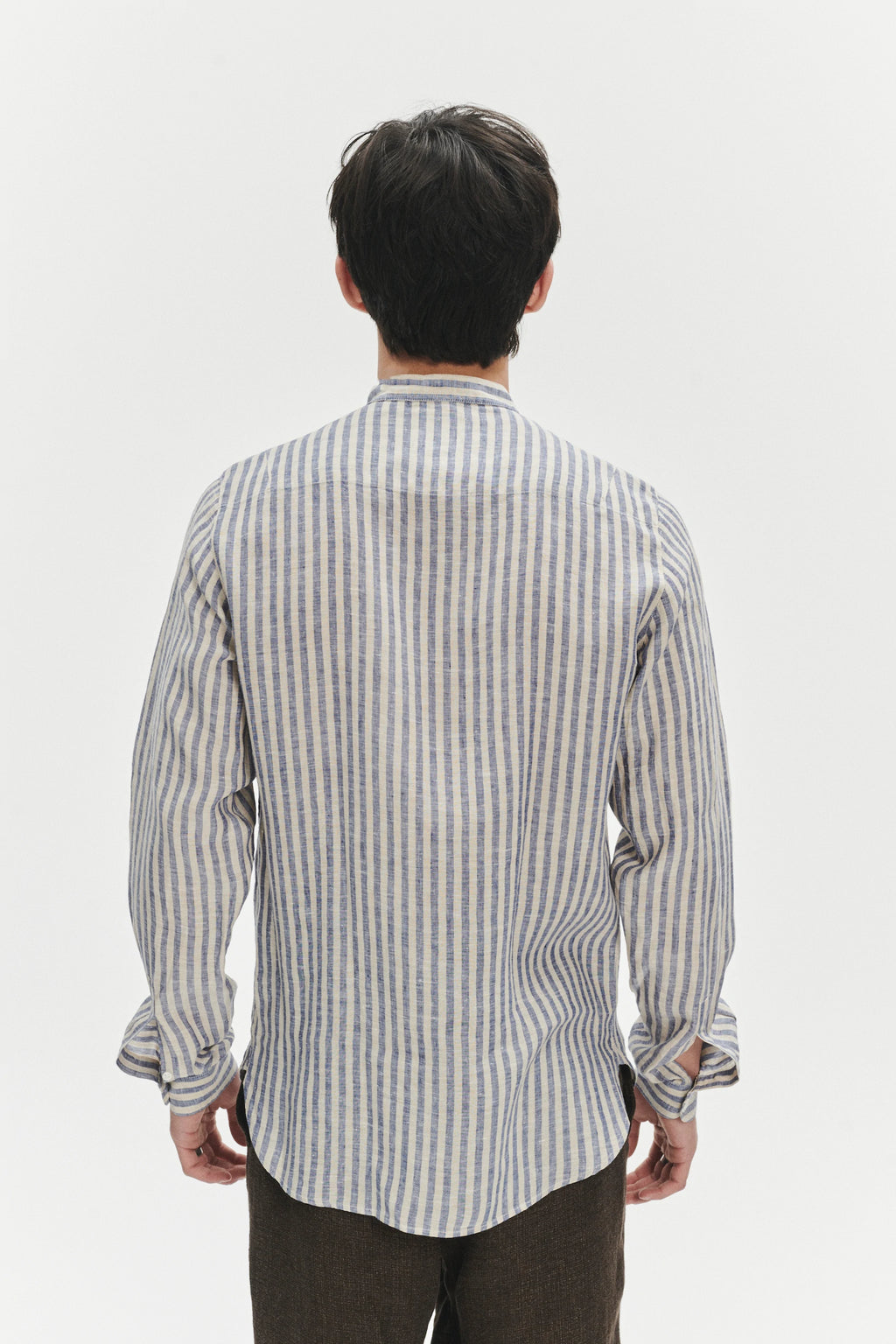 Zen Grandad Collar Shirt in a Creamy White and Blue Organic Italian Linen
