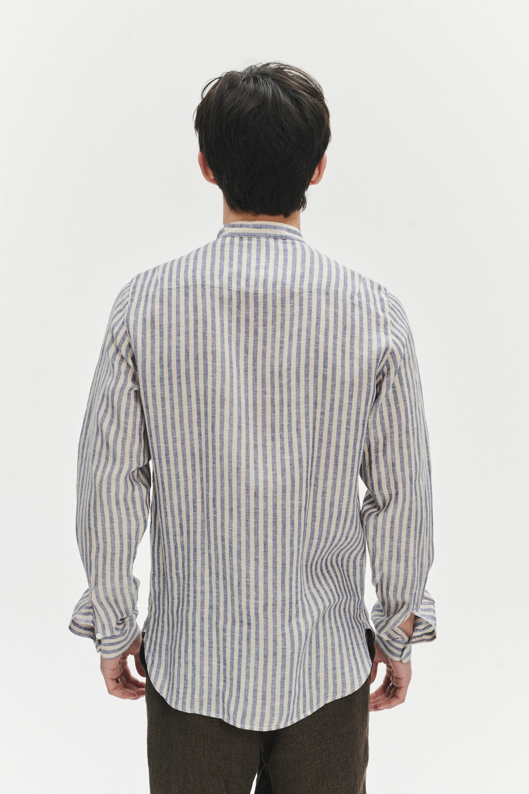 Zen Grandad Collar Shirt in a Creamy White and Blue Organic Italian Linen