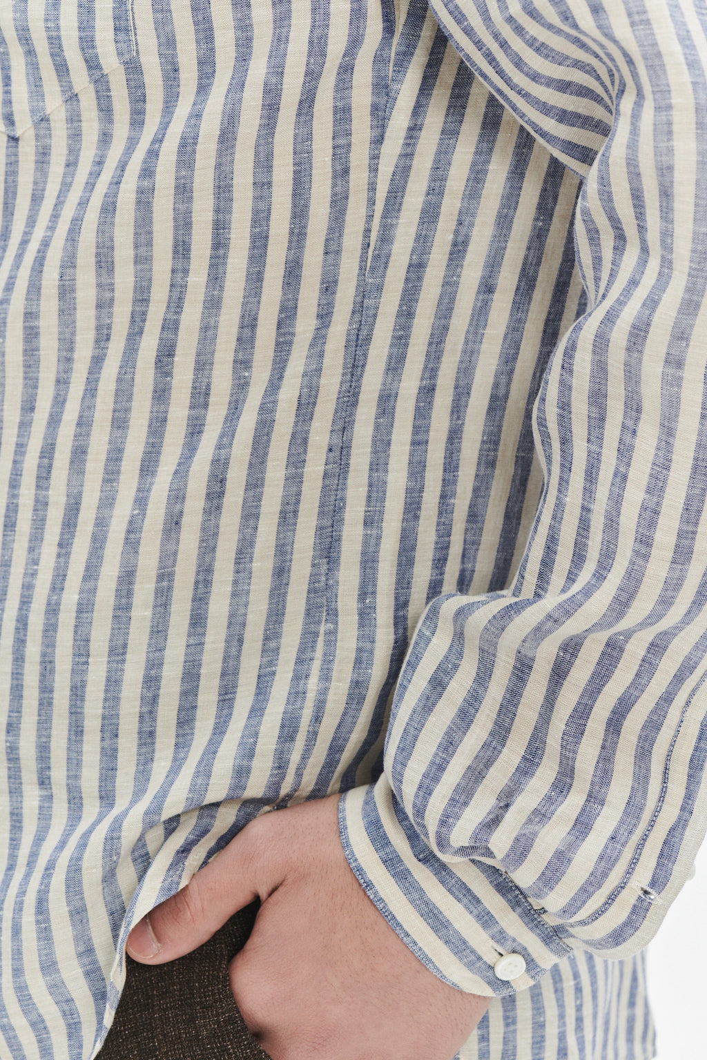 Zen Grandad Collar Shirt in a Creamy White and Blue Organic Italian Linen