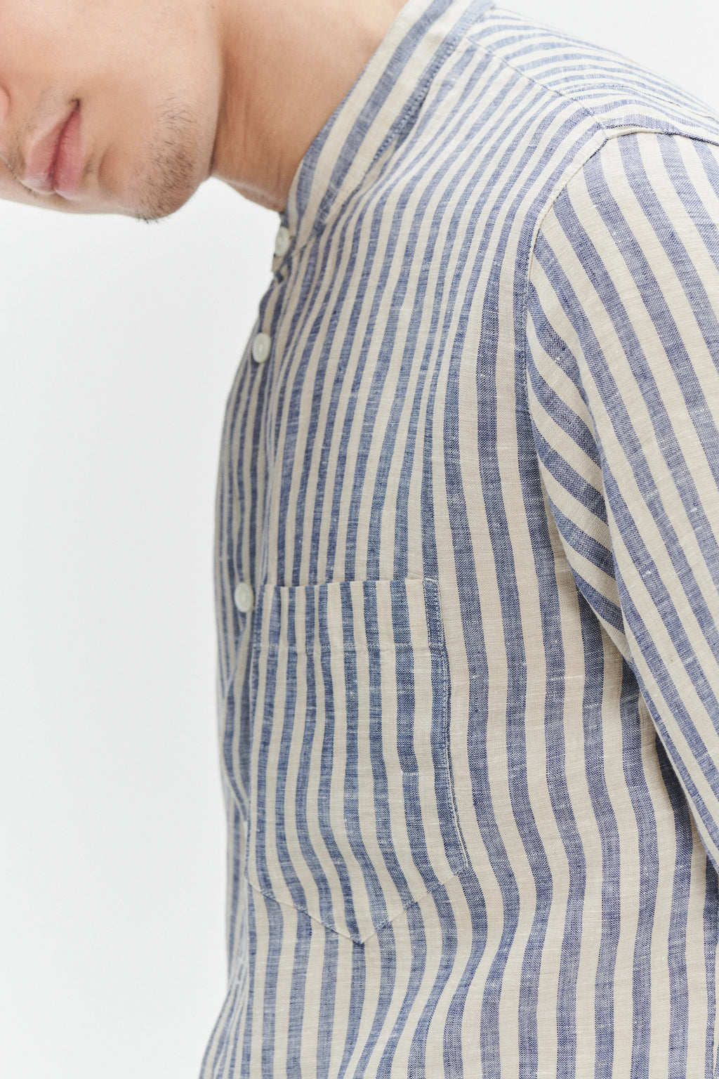 Zen Grandad Collar Shirt in a Creamy White and Blue Organic Italian Linen