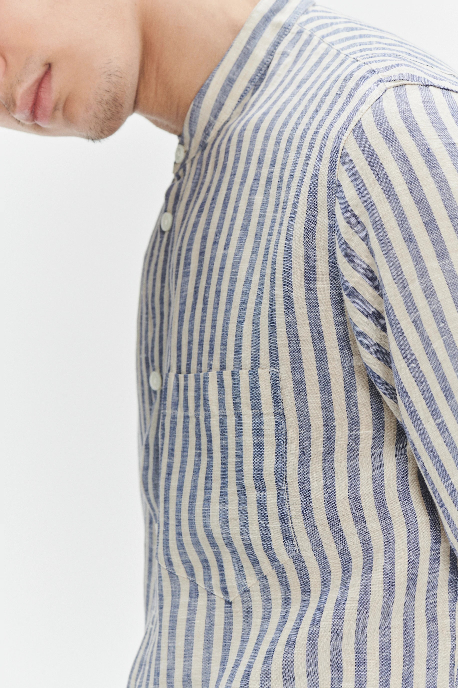 Zen Grandad Collar Shirt in a Creamy White and Blue Organic Italian Linen