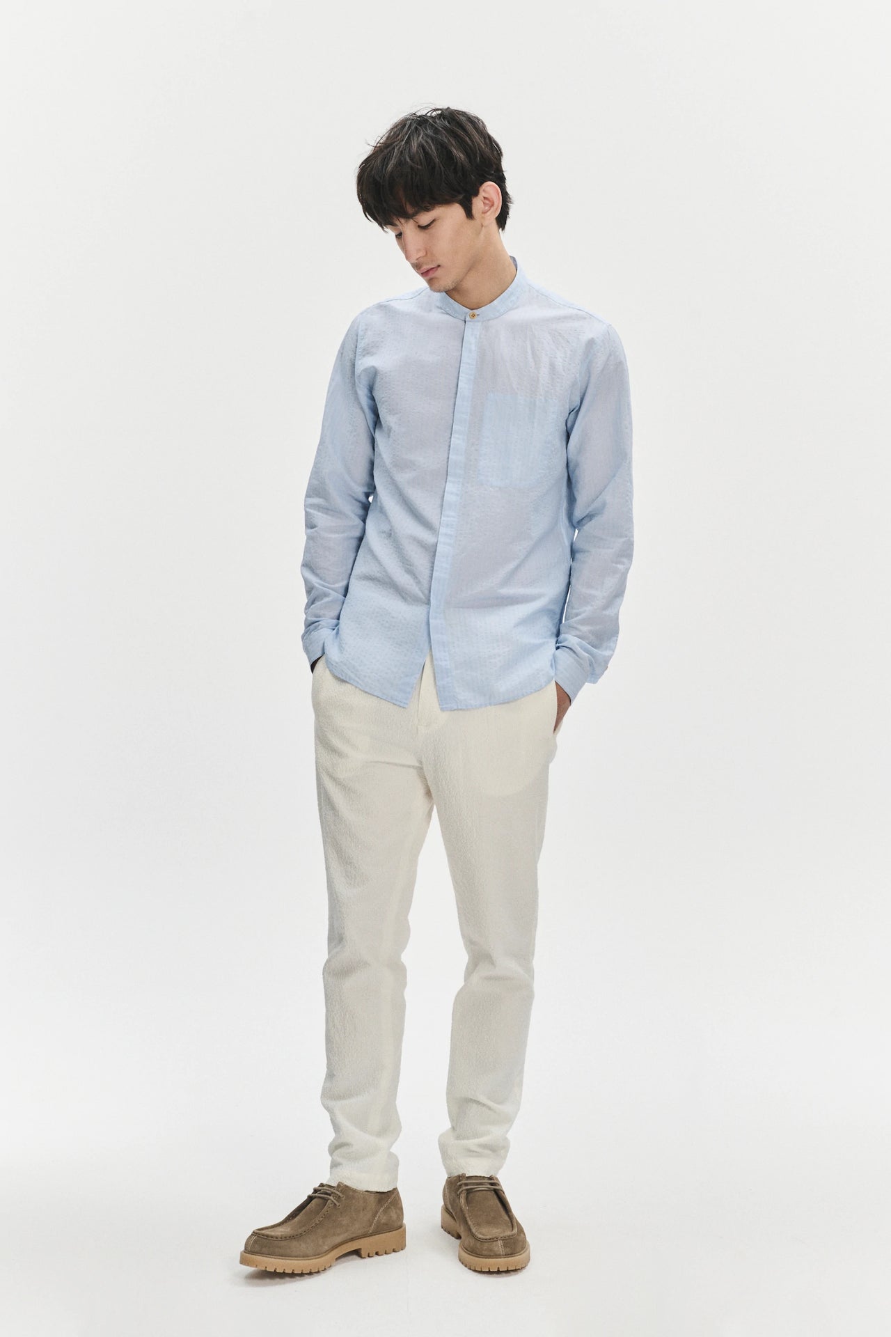 Zen Grandad Collar Shirt in a Light Blue Italian Cotton and Linen Blend Seersucker