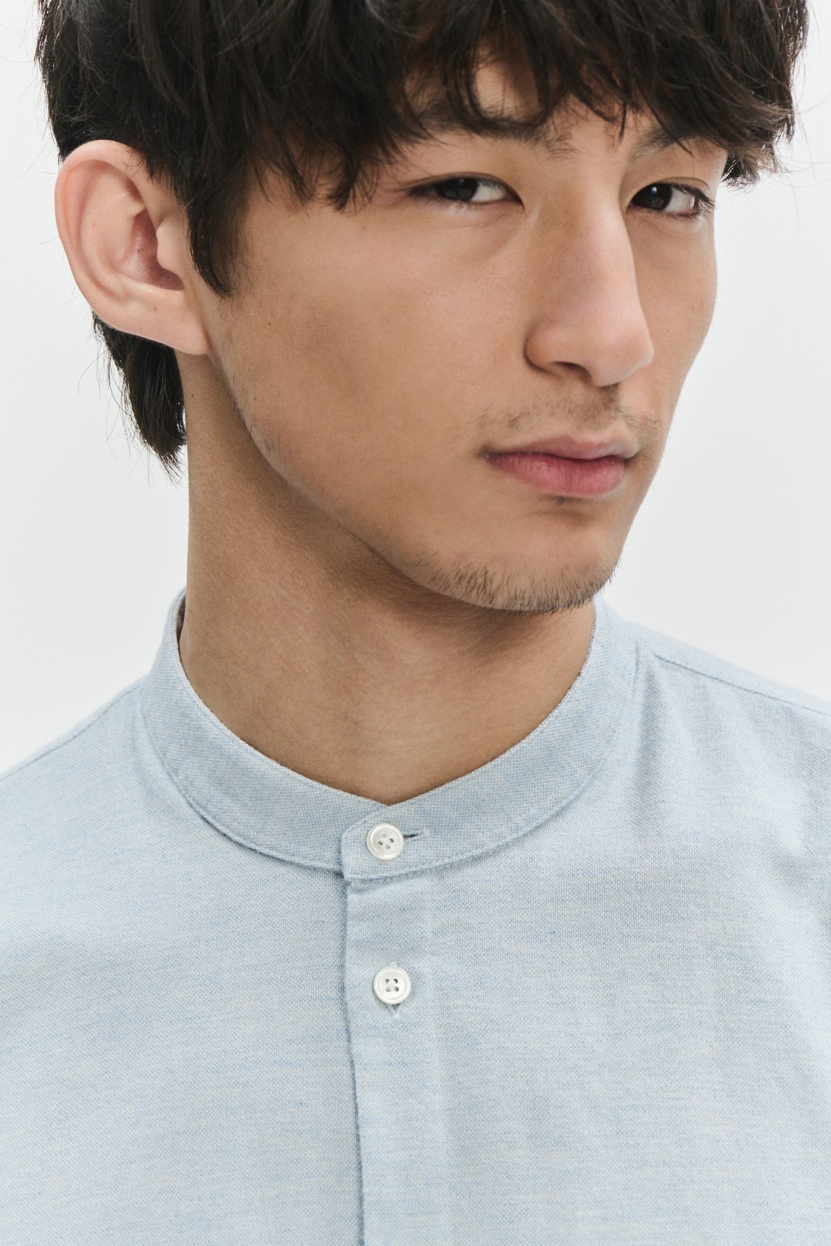 Zen Grandad Collar Shirt in a Pale Sky Blue Italian Double Brushed Italian Cotton Flannel