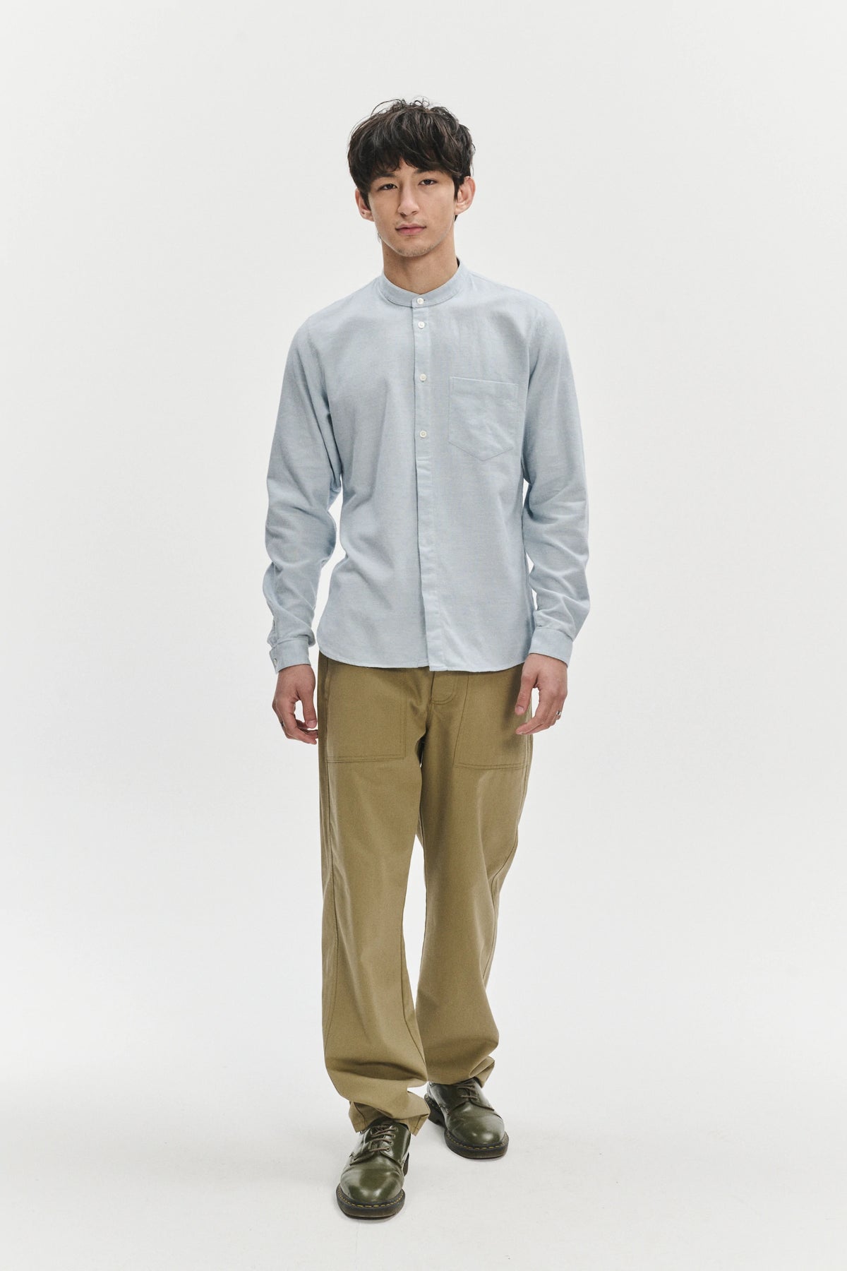 Zen Grandad Collar Shirt in a Pale Sky Blue Italian Double Brushed Italian Cotton Flannel