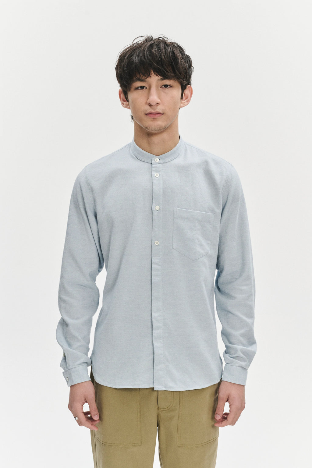 Zen Grandad Collar Shirt in a Pale Sky Blue Italian Double Brushed Italian Cotton Flannel