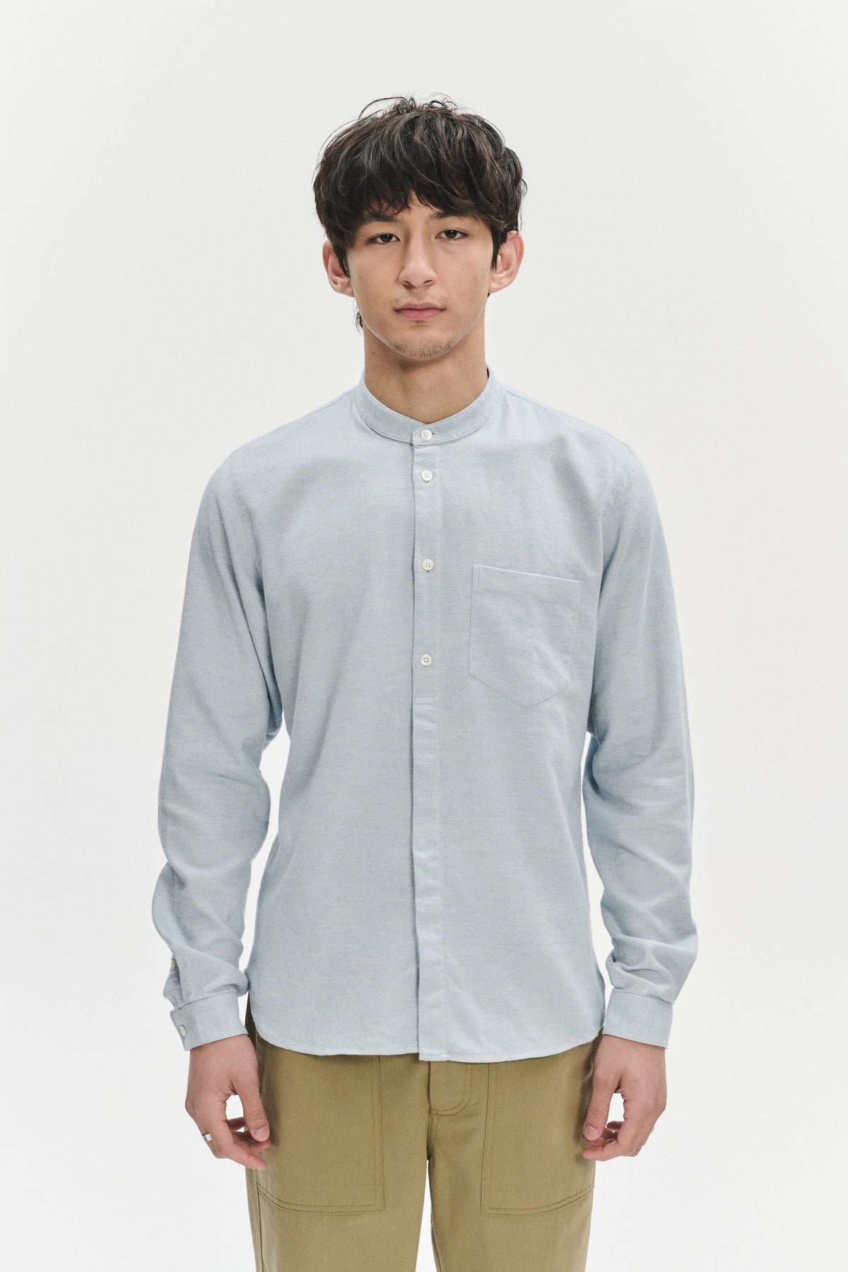 Zen Grandad Collar Shirt in a Pale Sky Blue Italian Double Brushed Italian Cotton Flannel