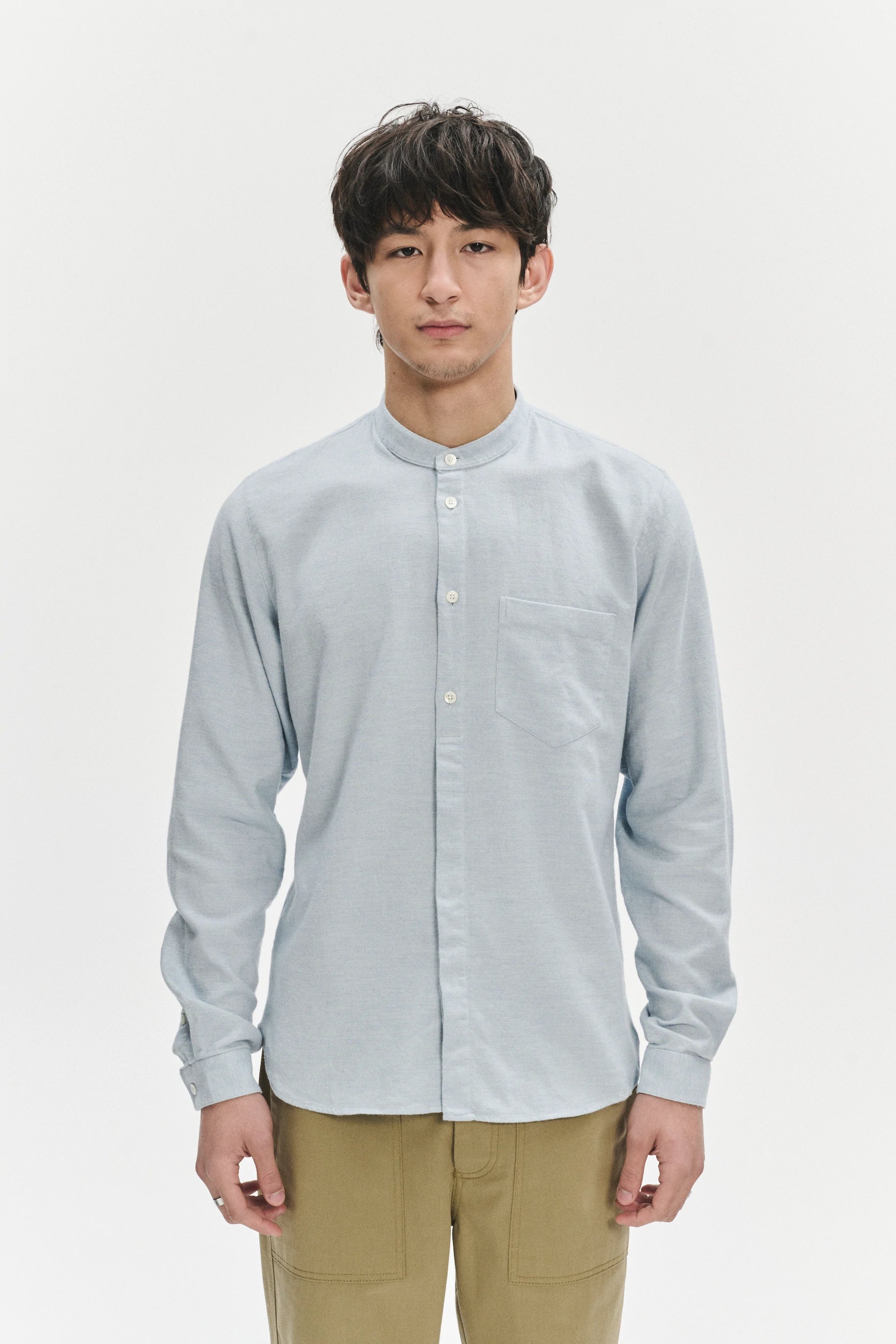 Zen Grandad Collar Shirt in a Pale Sky Blue Italian Double Brushed Italian Cotton Flannel