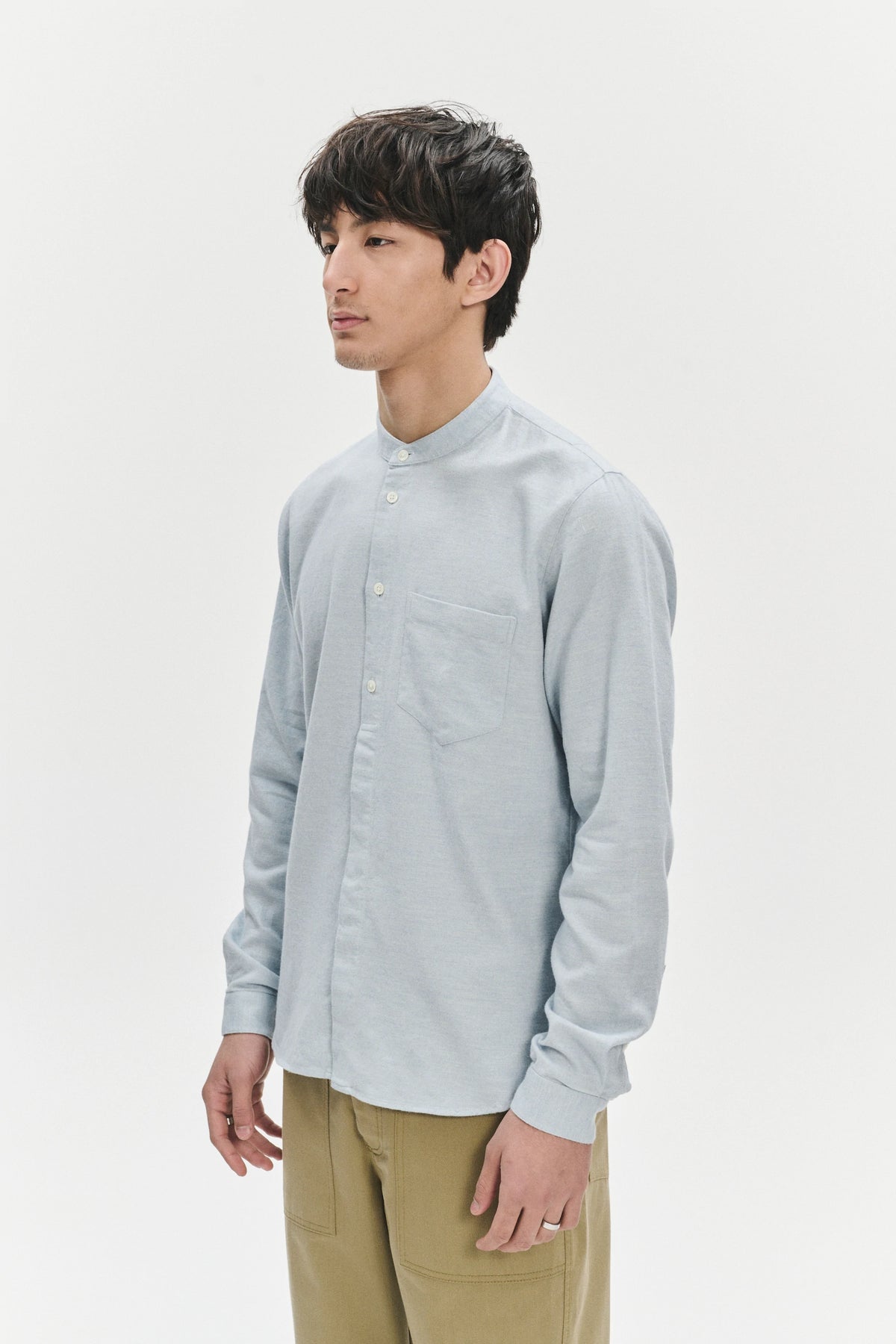 Zen Grandad Collar Shirt in a Pale Sky Blue Italian Double Brushed Italian Cotton Flannel