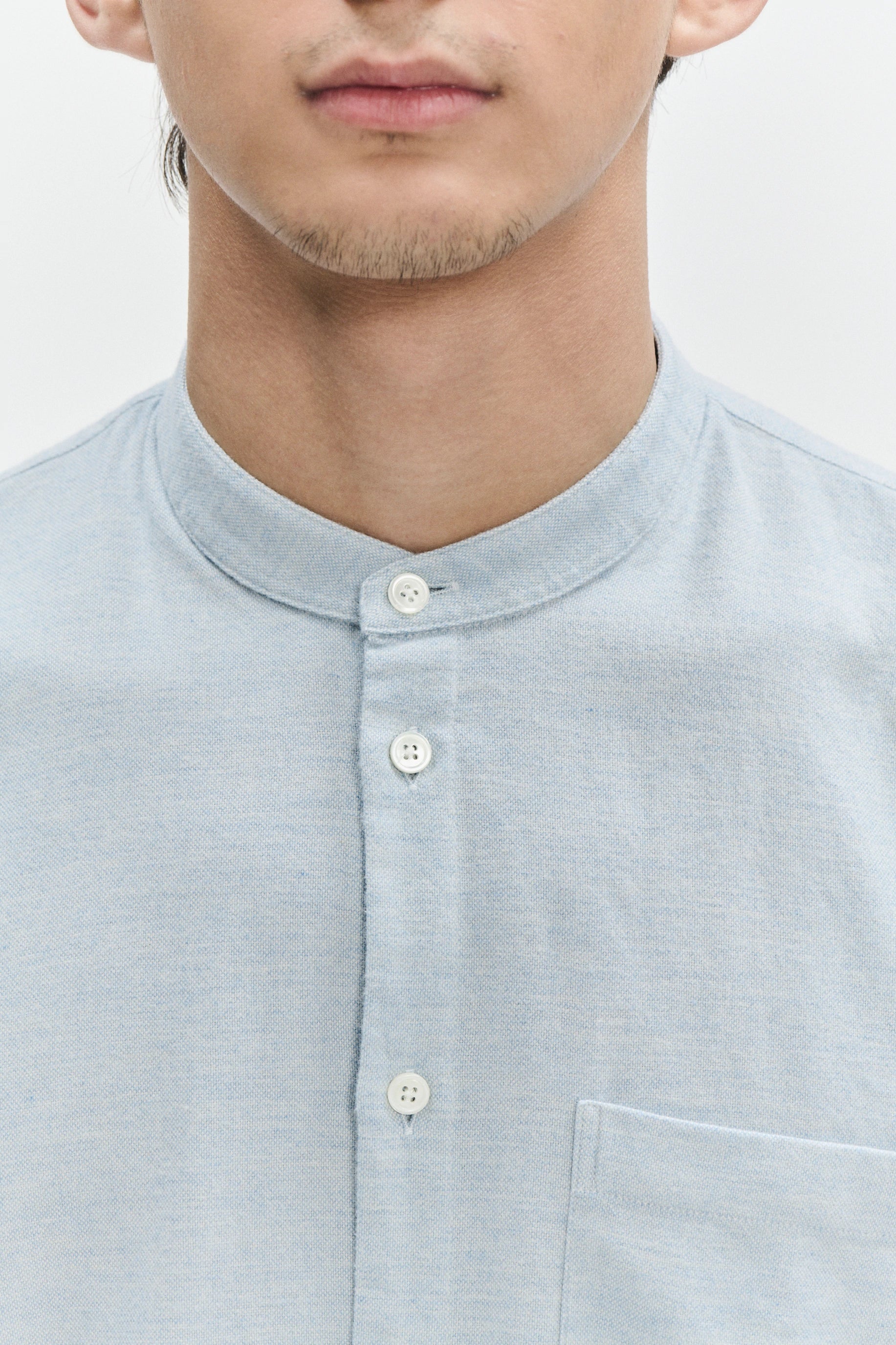 Zen Grandad Collar Shirt in a Pale Sky Blue Italian Double Brushed Italian Cotton Flannel