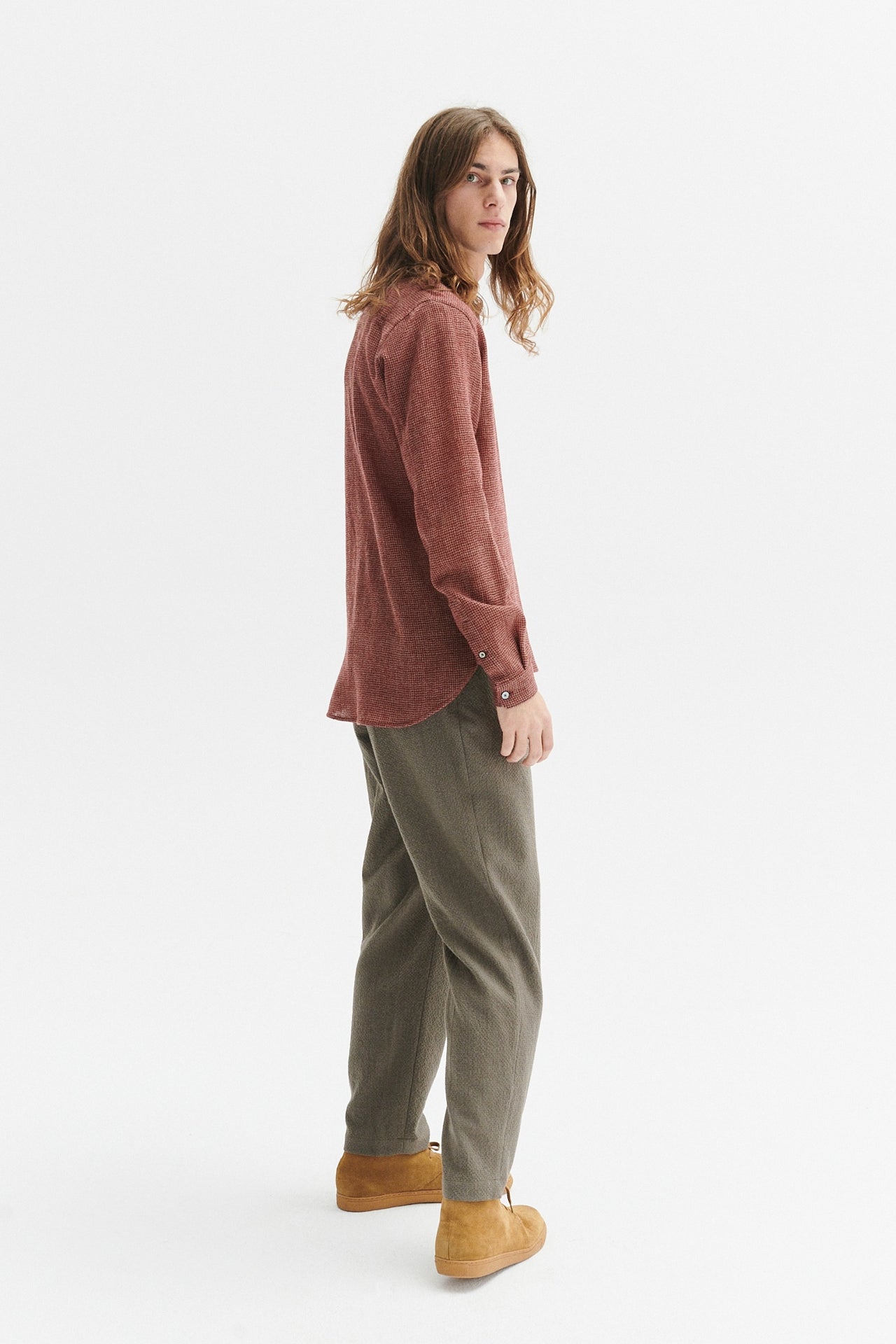 Zen Grandad Collar Shirt in the Japanese Pure Virgin Wool with Red and Yellow Houndstooth Pattern