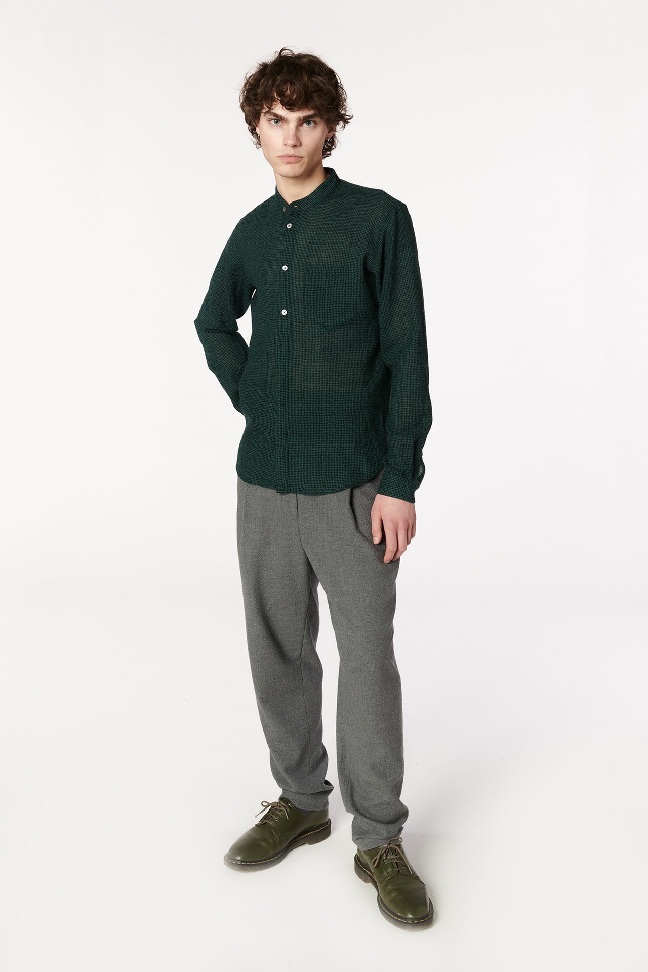 Zen Grandad Collar Shirt in the Japanese Pure Virgin Wool with Green and Black Houndstooth Pattern