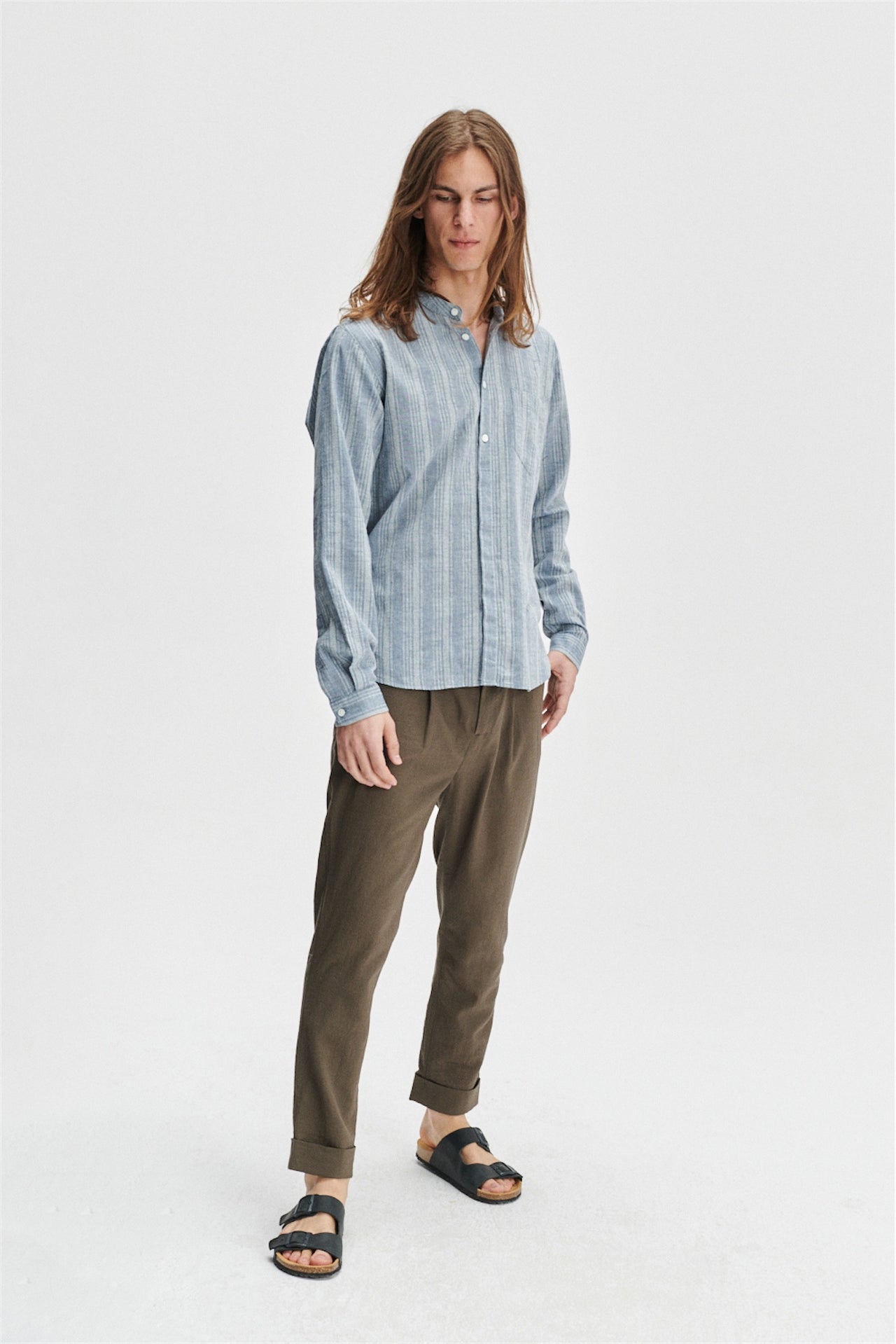 Zen Grandad Collar Shirt in a Shady Blue Subtle Tonal Striped Japanese Organic Jacquard Cotton