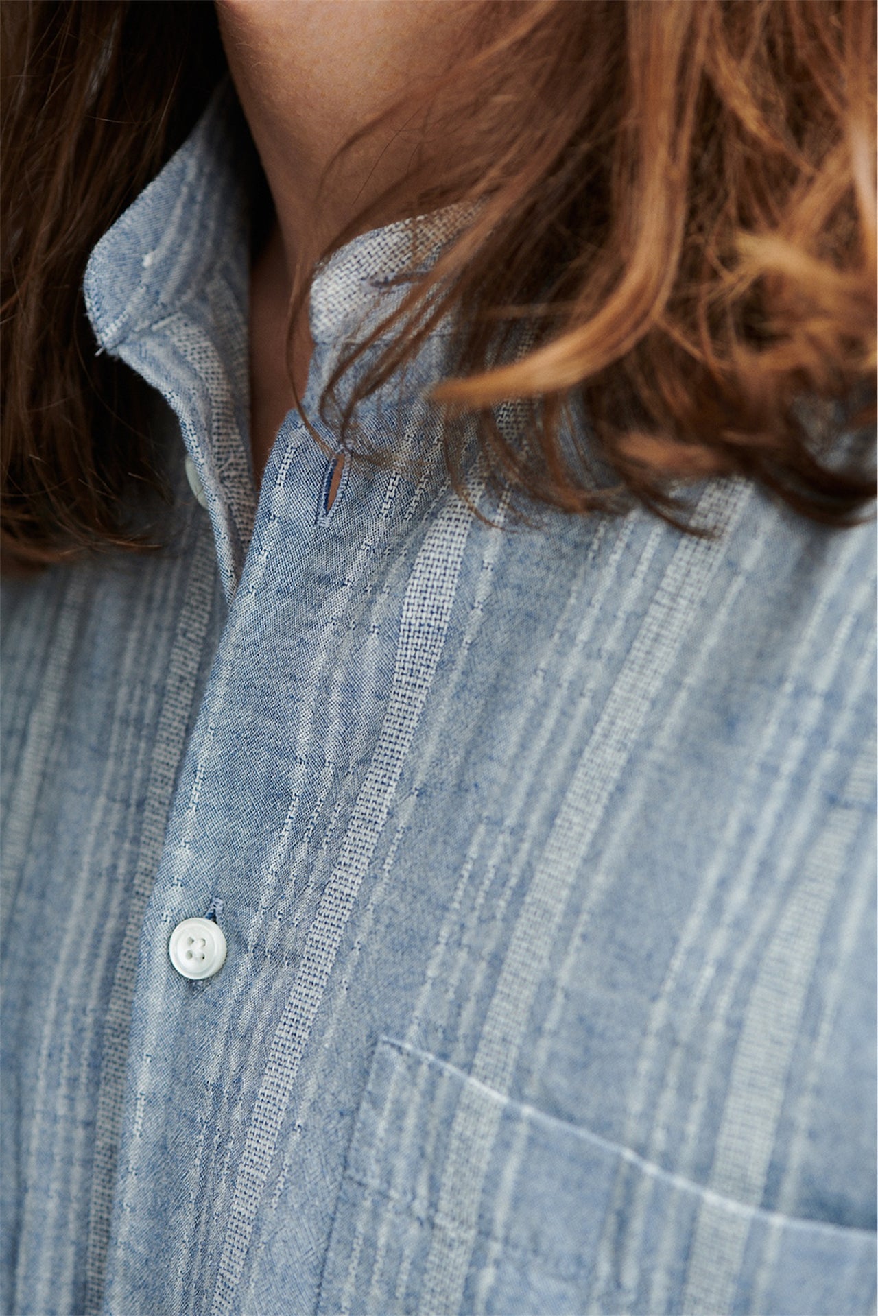 Zen Grandad Collar Shirt in a Shady Blue Subtle Tonal Striped Japanese Organic Jacquard Cotton