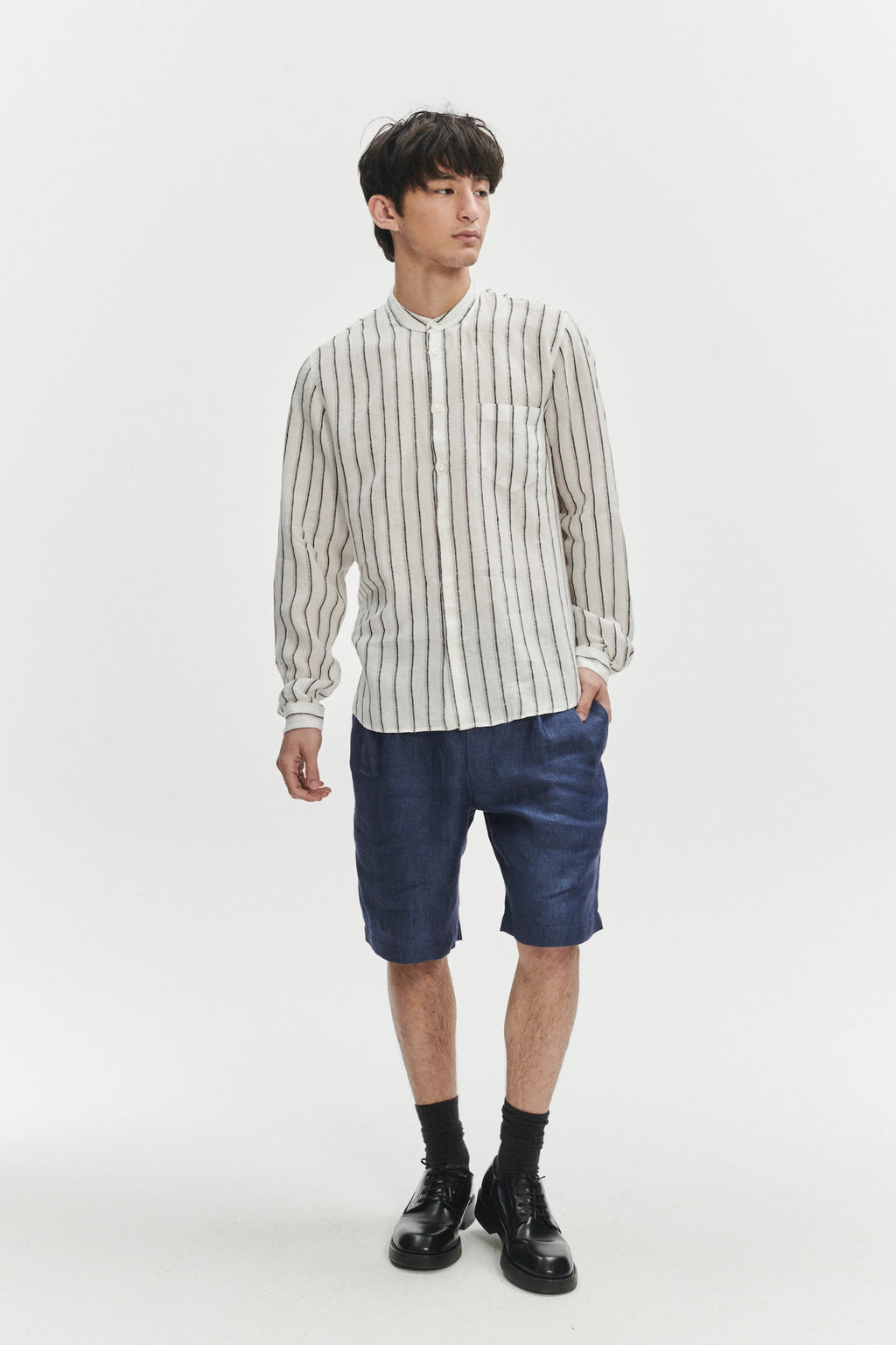 Zen Shirt in a Fine White Black and Beige Double Striped Bohemian LInen