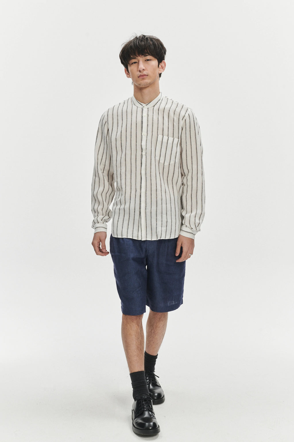 Zen Shirt in a Fine White Black and Beige Double Striped Bohemian LInen