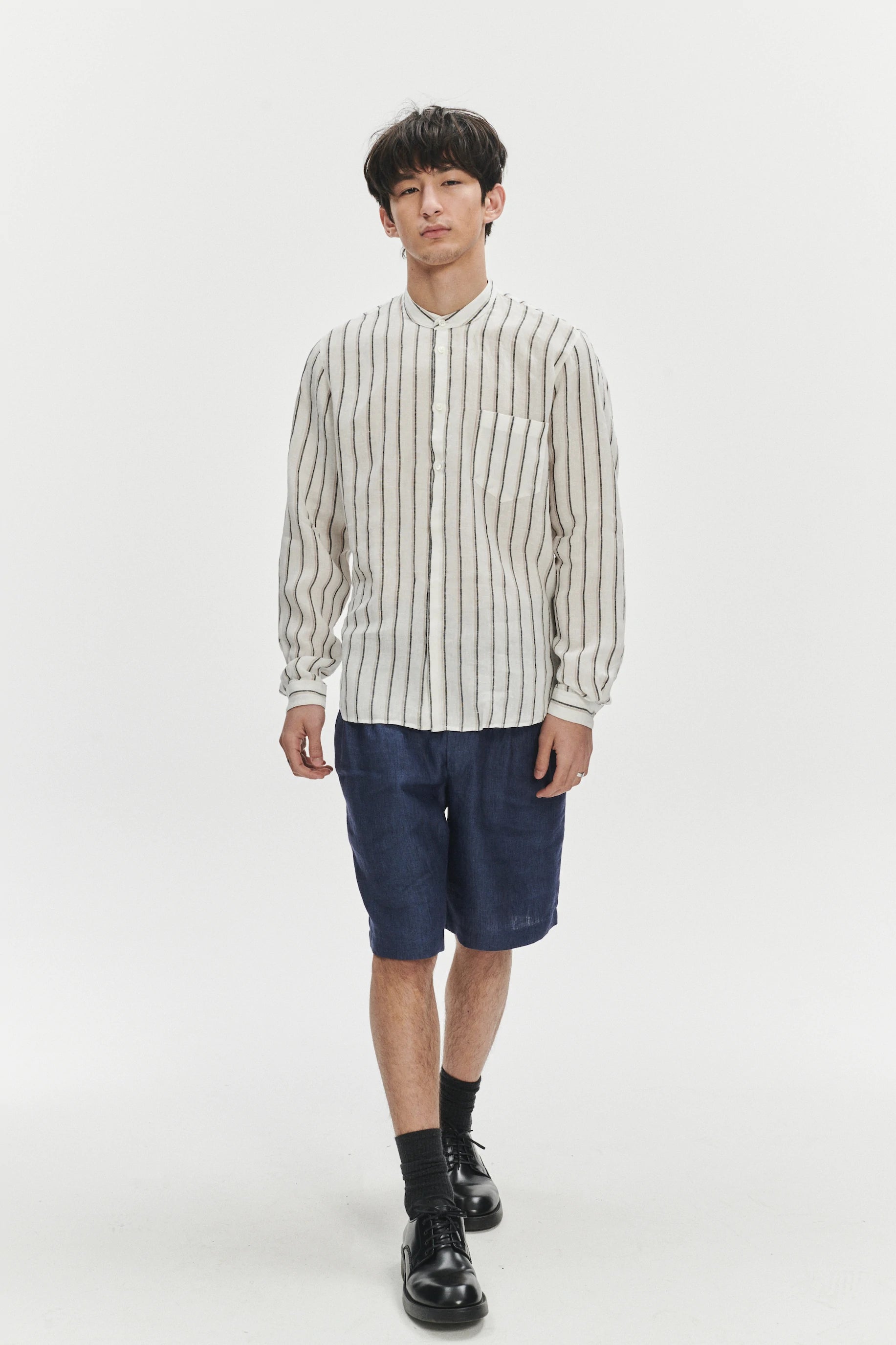 Zen Shirt in a Fine White Black and Beige Double Striped Bohemian LInen
