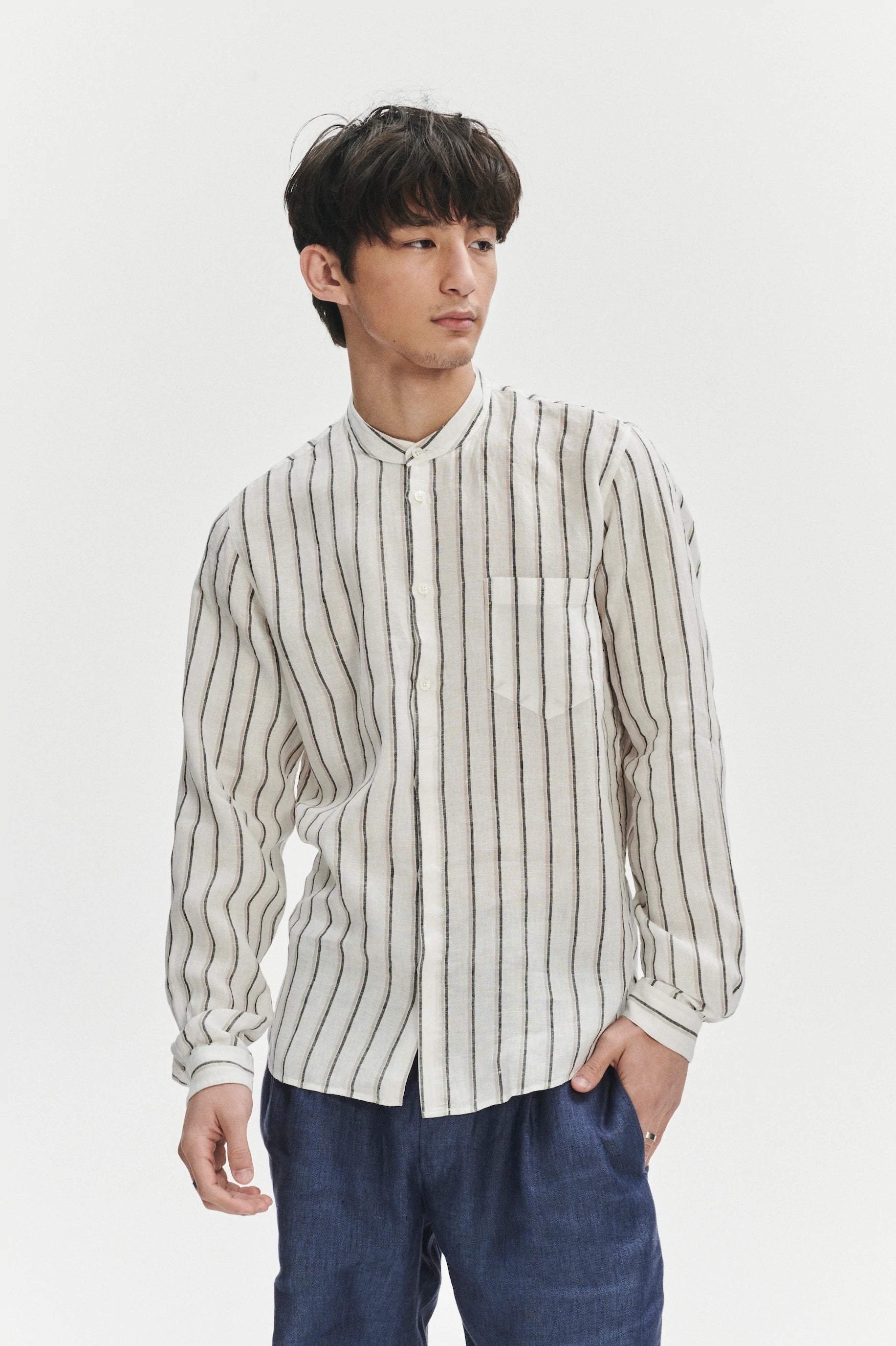 Zen Shirt in a Fine White Black and Beige Double Striped Bohemian LInen