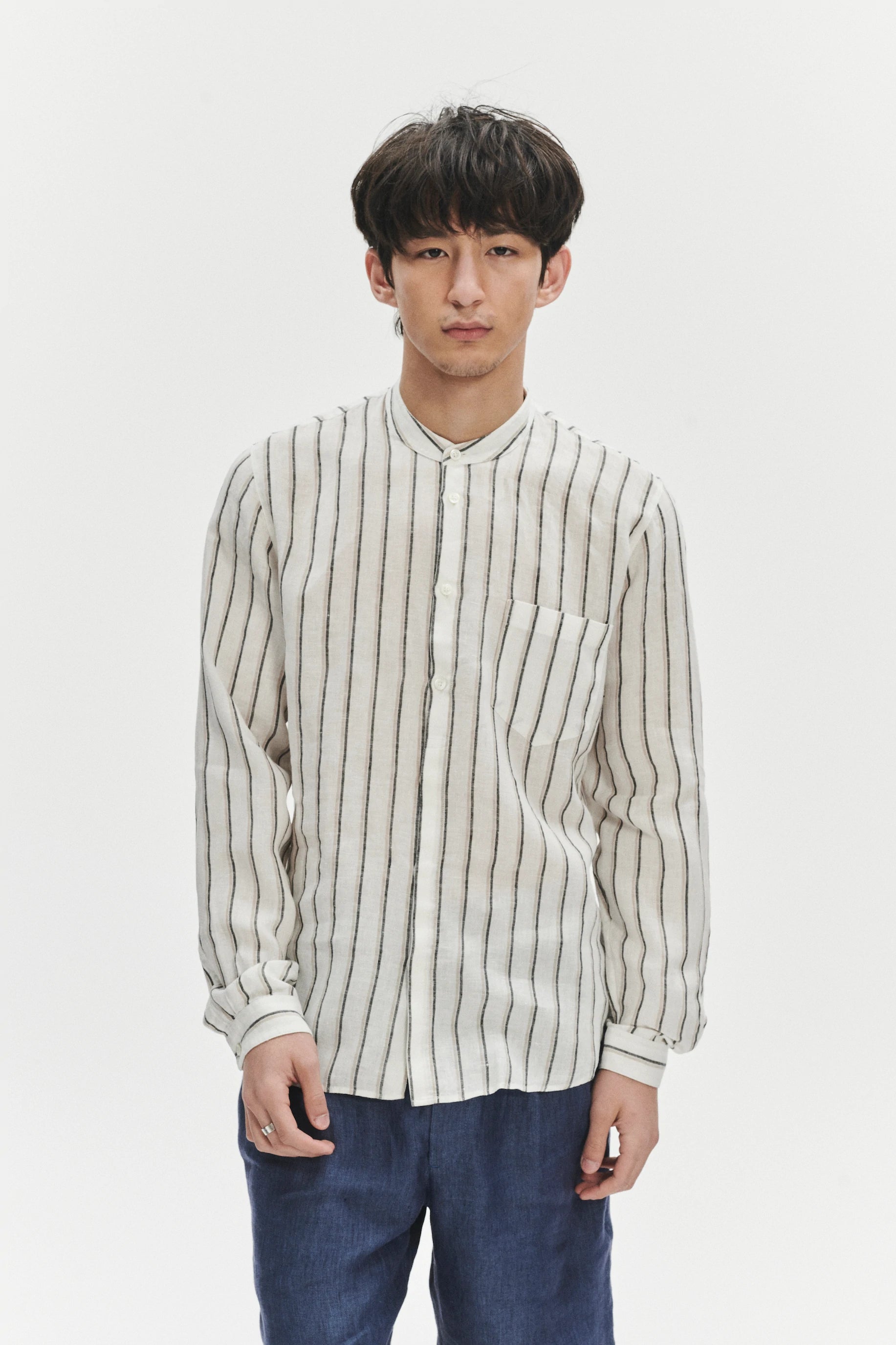 Zen Shirt in a Fine White Black and Beige Double Striped Bohemian LInen