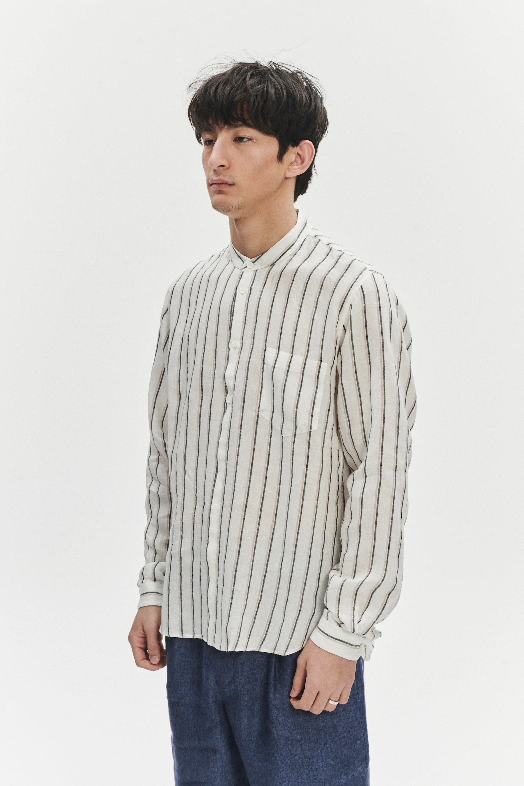 Zen Shirt in a Fine White Black and Beige Double Striped Bohemian LInen