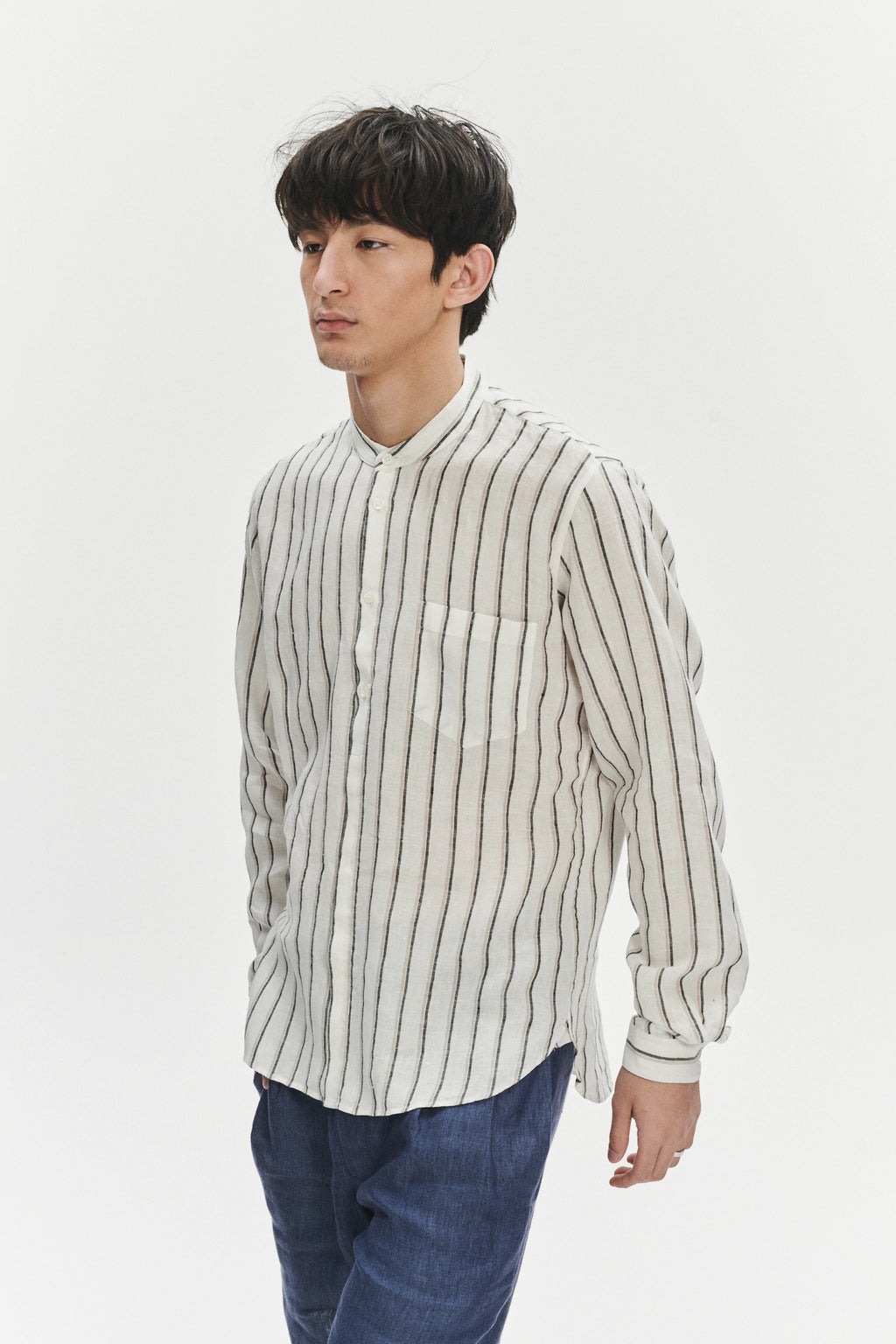 Zen Shirt in a Fine White Black and Beige Double Striped Bohemian LInen