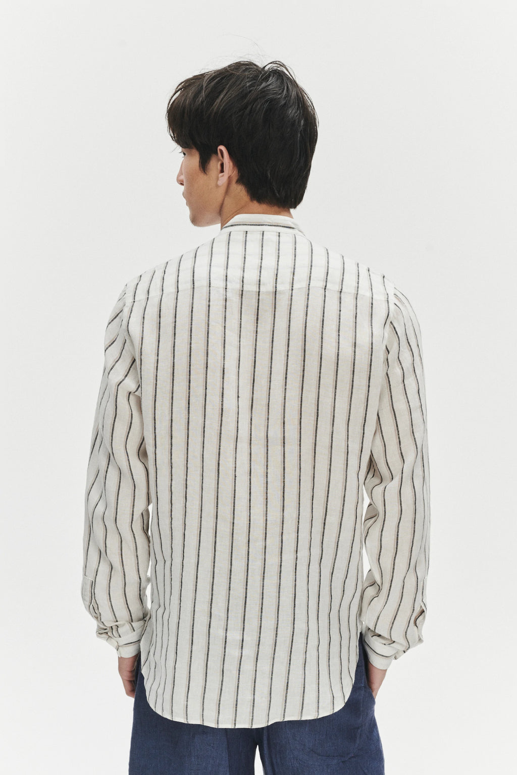 Zen Shirt in a Fine White Black and Beige Double Striped Bohemian LInen