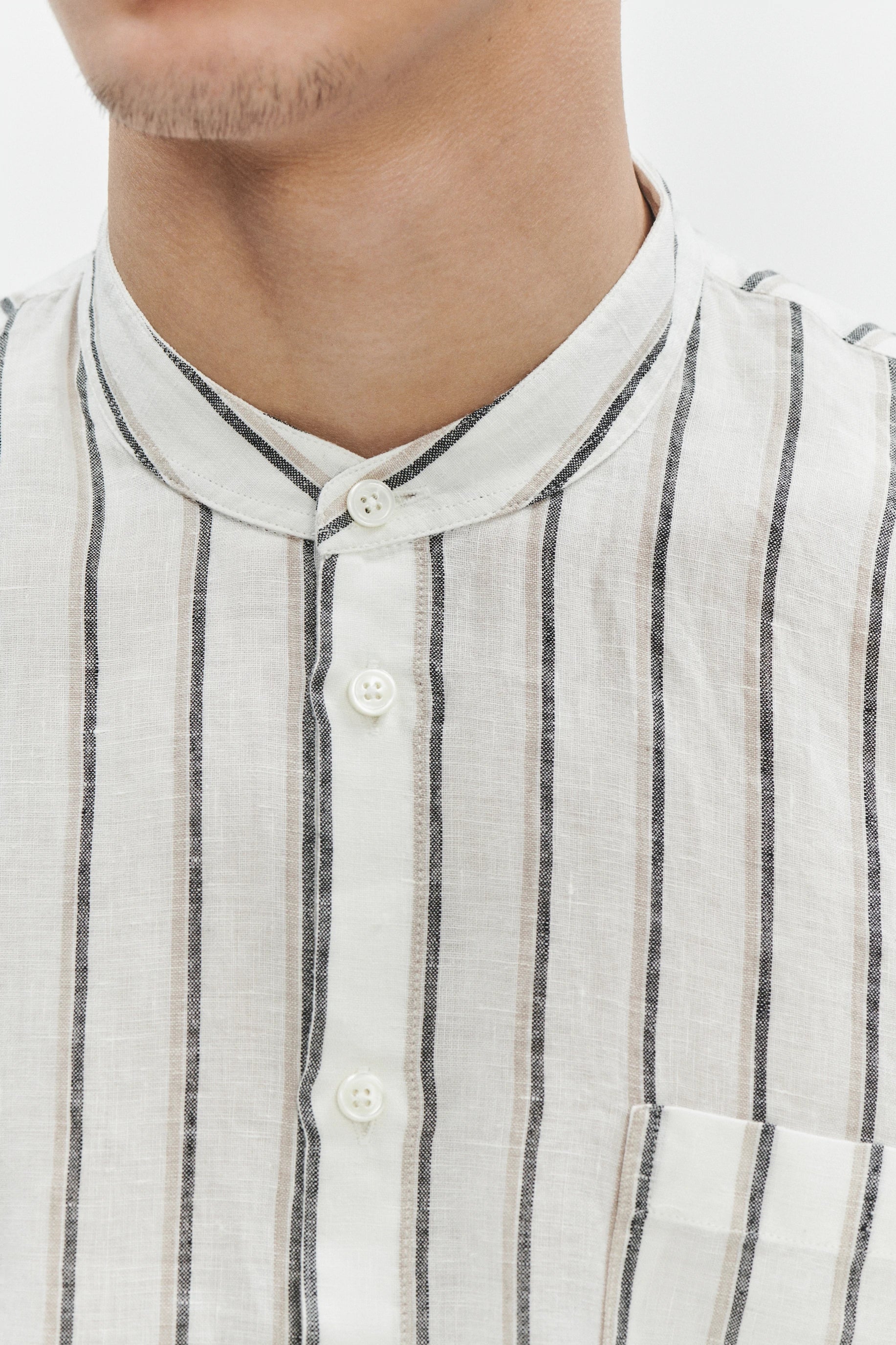Zen Shirt in a Fine White Black and Beige Double Striped Bohemian LInen