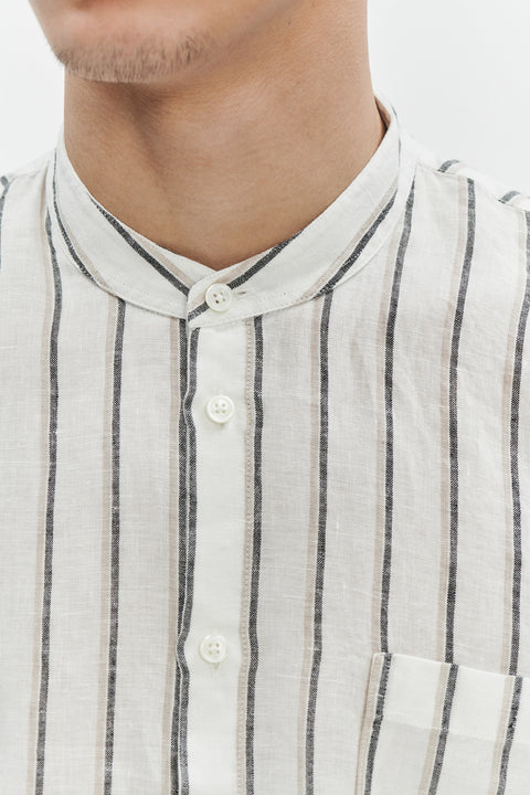 Zen Shirt in a Fine White Black and Beige Double Striped Bohemian LInen