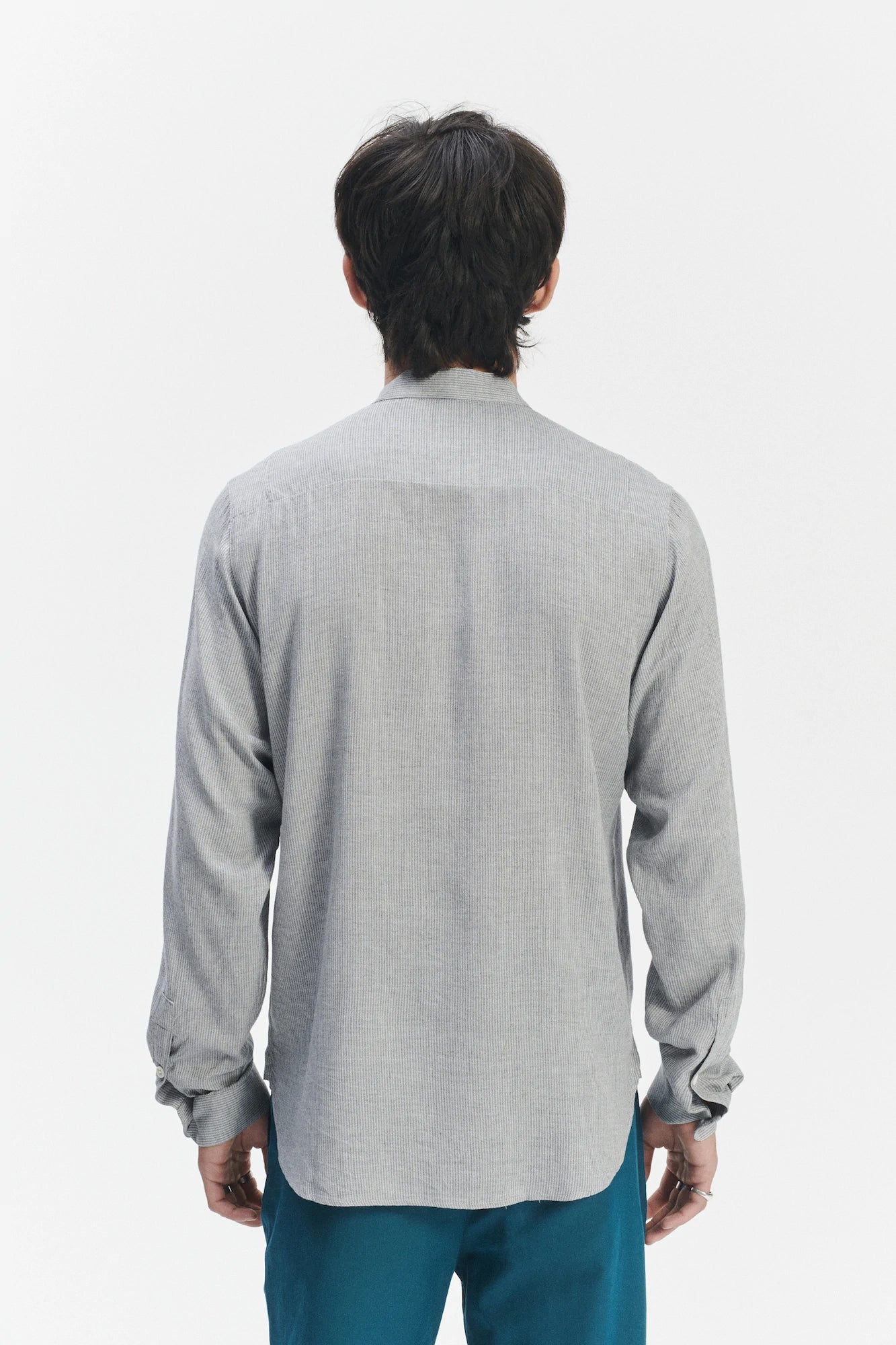 Zen Grandad Collar Shirt in a Grey Portuguese Merino Wool and Modal