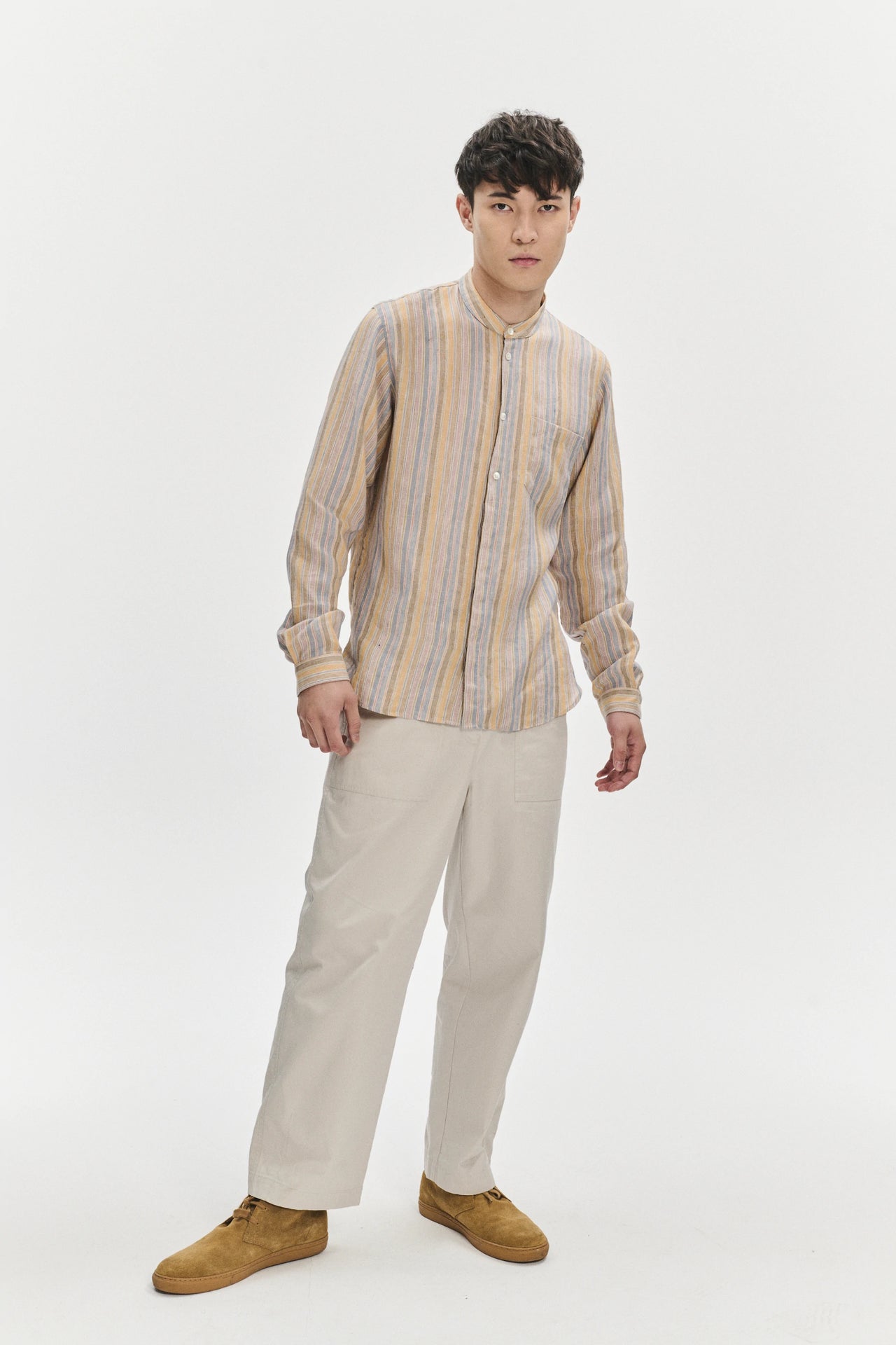 Zen Shirt in a White, Blue, Yellow, Beige, Pink and Orange Striped Portuguese Linen
