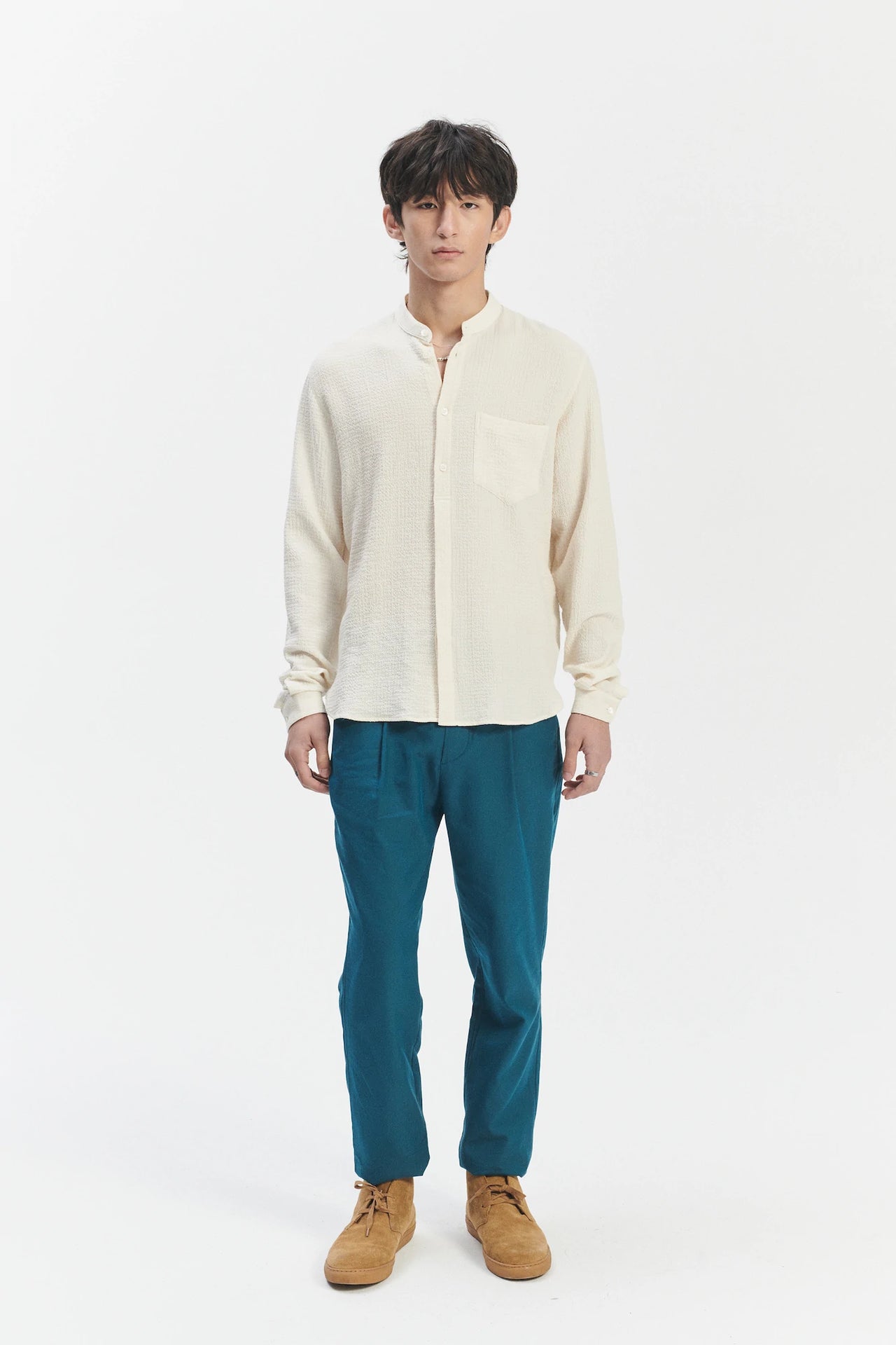 Zen Grandad Collar Shirt in the Finest Portuguese Cashmere and Cotton Creamy Seersucker