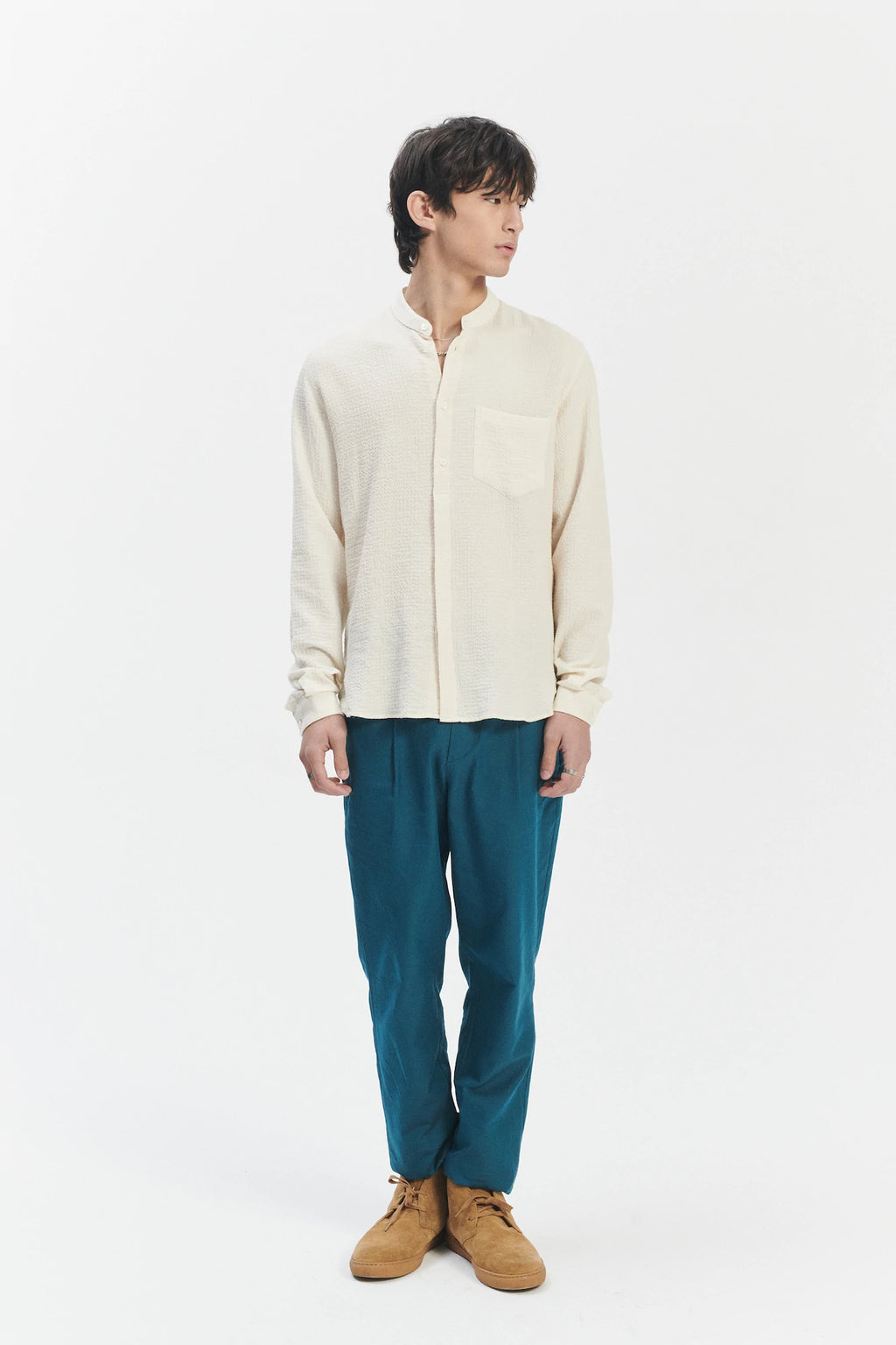 Zen Grandad Collar Shirt in the Finest Creamy White Portuguese Cashmere and Cotton Seersucker