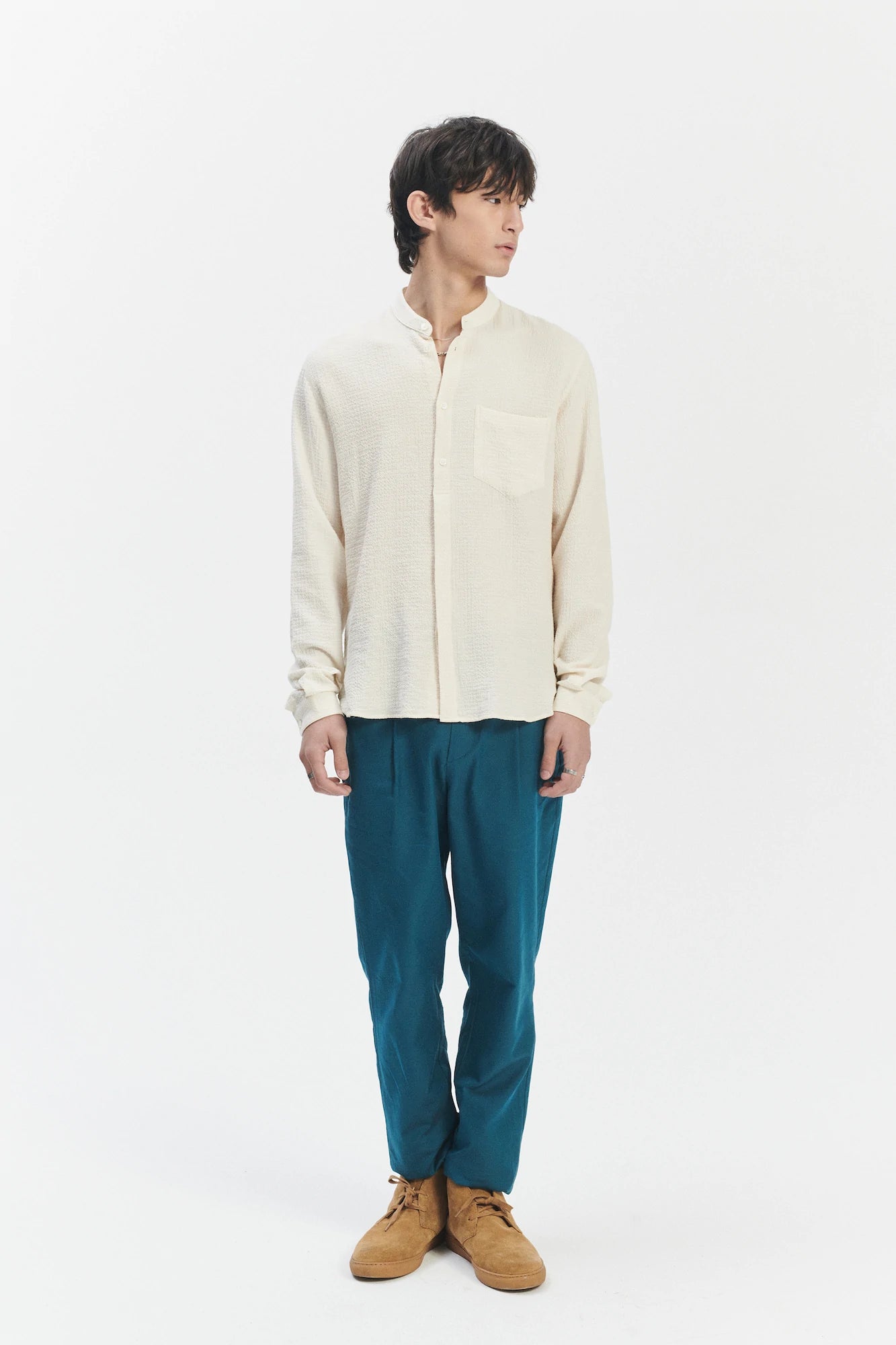 Zen Grandad Collar Shirt in the Finest Creamy White Portuguese Cashmere and Cotton Seersucker