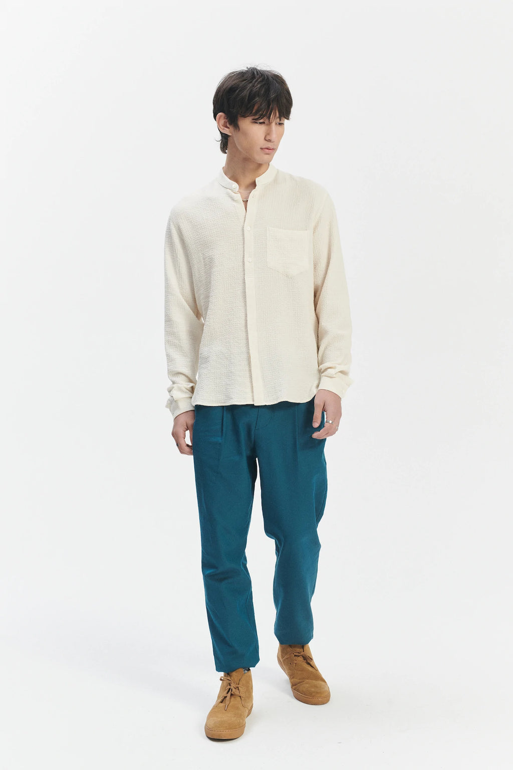 Zen Grandad Collar Shirt in the Finest Creamy White Portuguese Cashmere and Cotton Seersucker