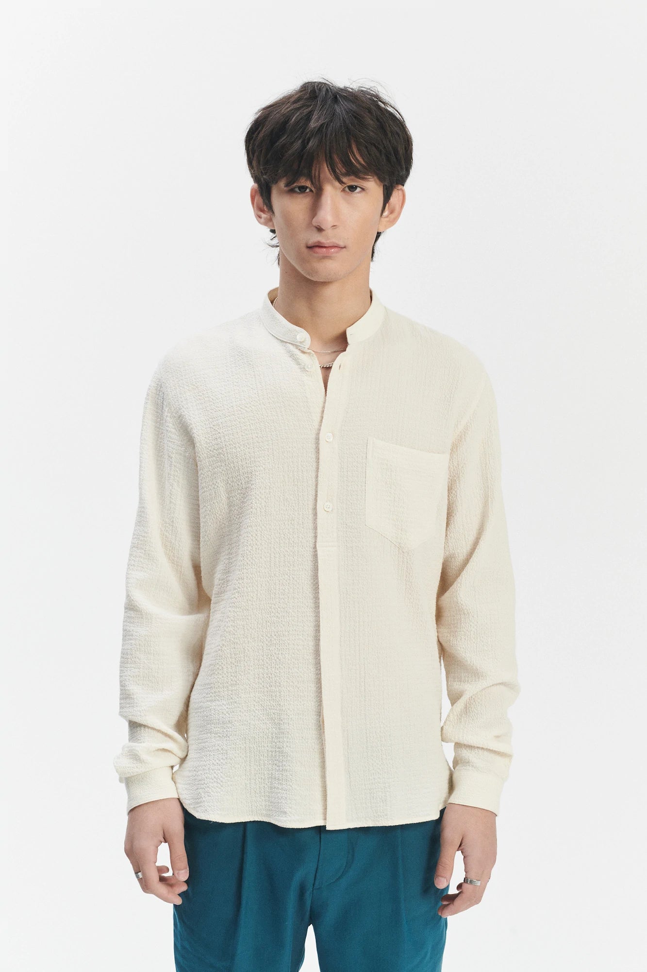 Zen Grandad Collar Shirt in the Finest Creamy White Portuguese Cashmere and Cotton Seersucker