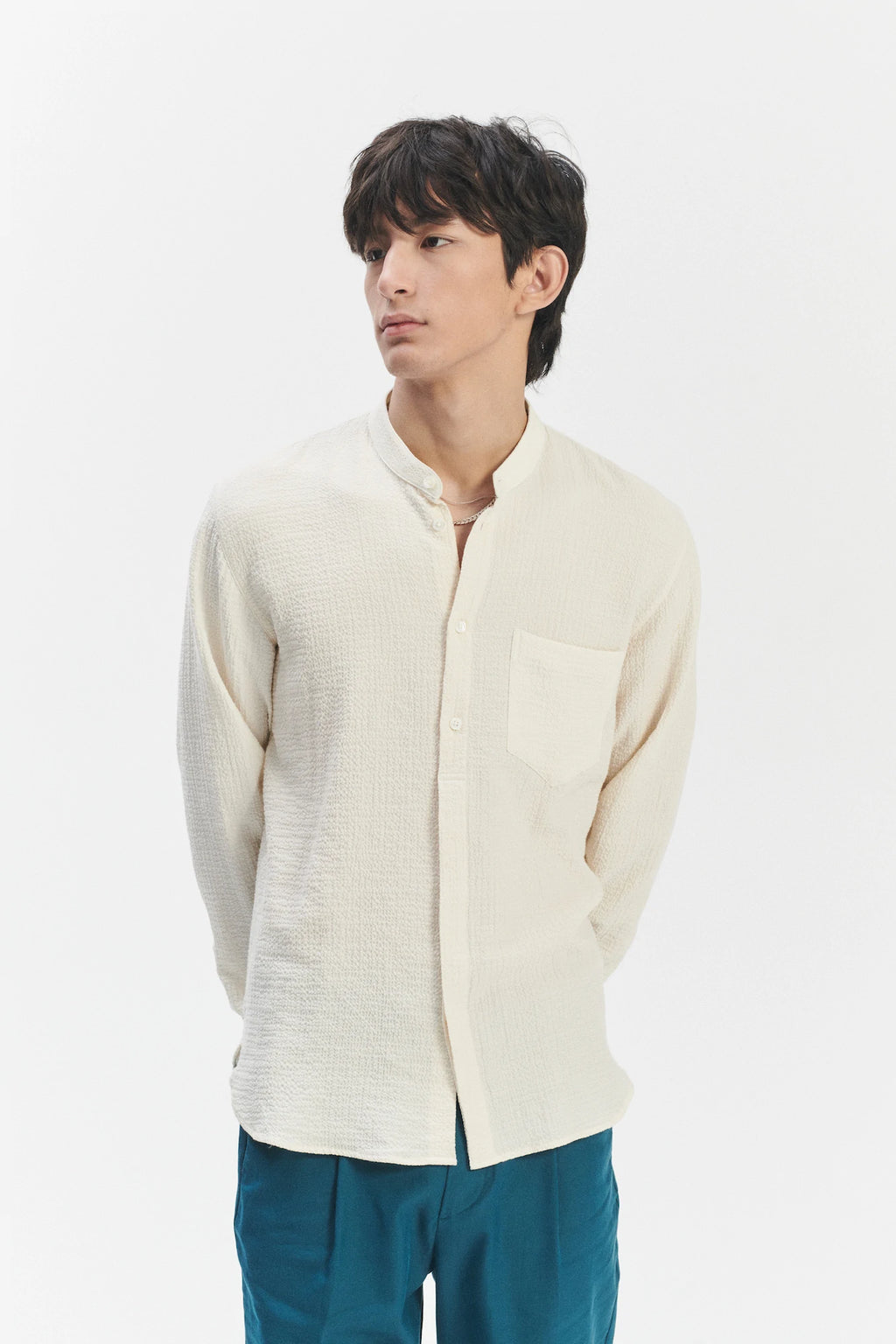 Zen Grandad Collar Shirt in the Finest Creamy White Portuguese Cashmere and Cotton Seersucker