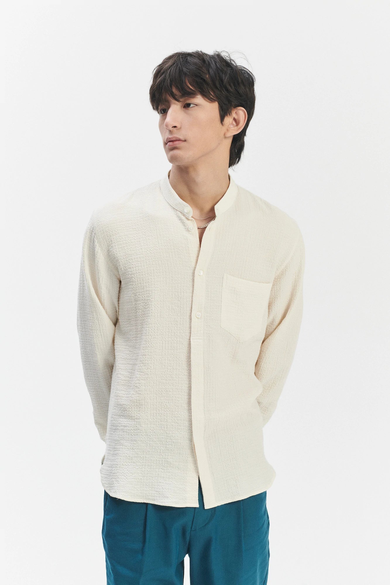 Zen Grandad Collar Shirt in the Finest Creamy White Portuguese Cashmere and Cotton Seersucker