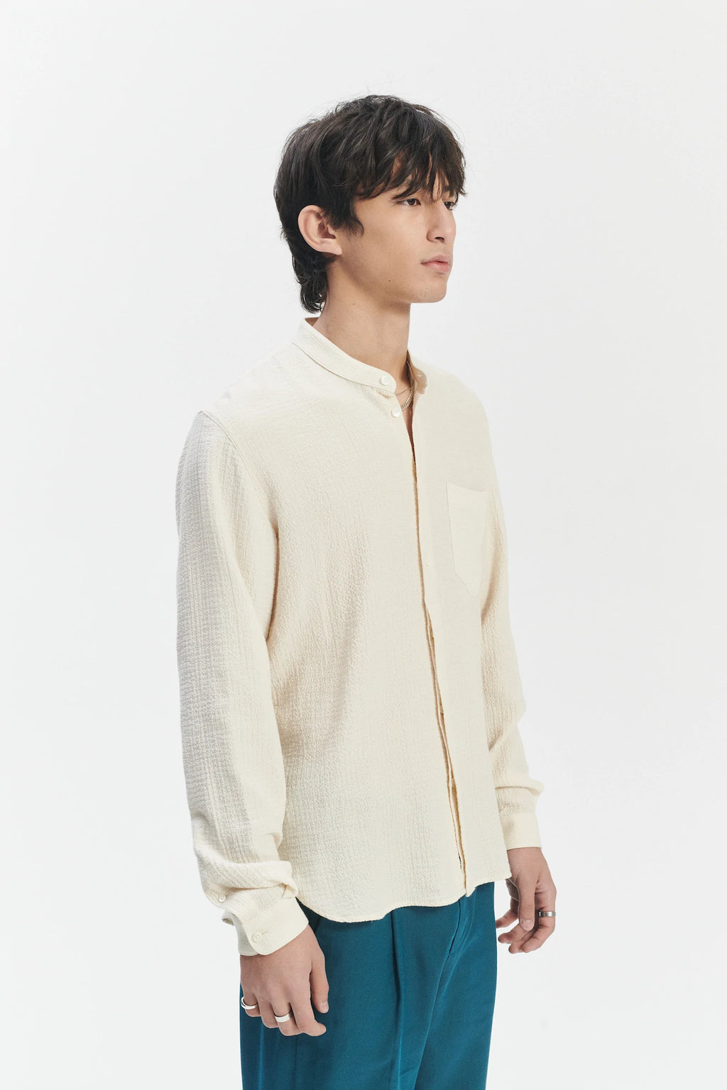 Zen Grandad Collar Shirt in the Finest Creamy White Portuguese Cashmere and Cotton Seersucker