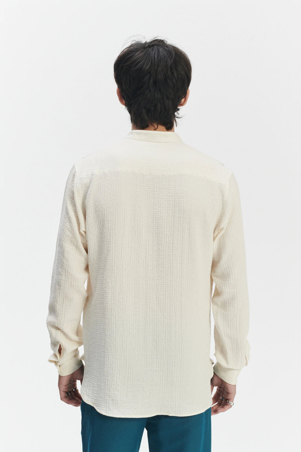 Zen Grandad Collar Shirt in the Finest Creamy White Portuguese Cashmere and Cotton Seersucker