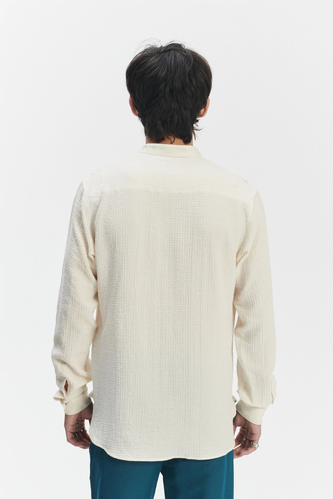 Zen Grandad Collar Shirt in the Finest Creamy White Portuguese Cashmere and Cotton Seersucker