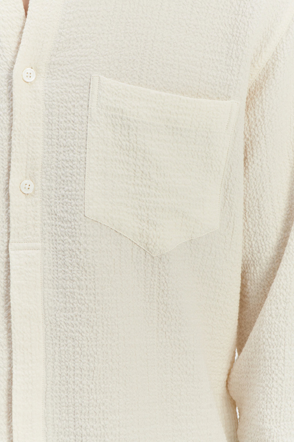 Zen Grandad Collar Shirt in the Finest Creamy White Portuguese Cashmere and Cotton Seersucker