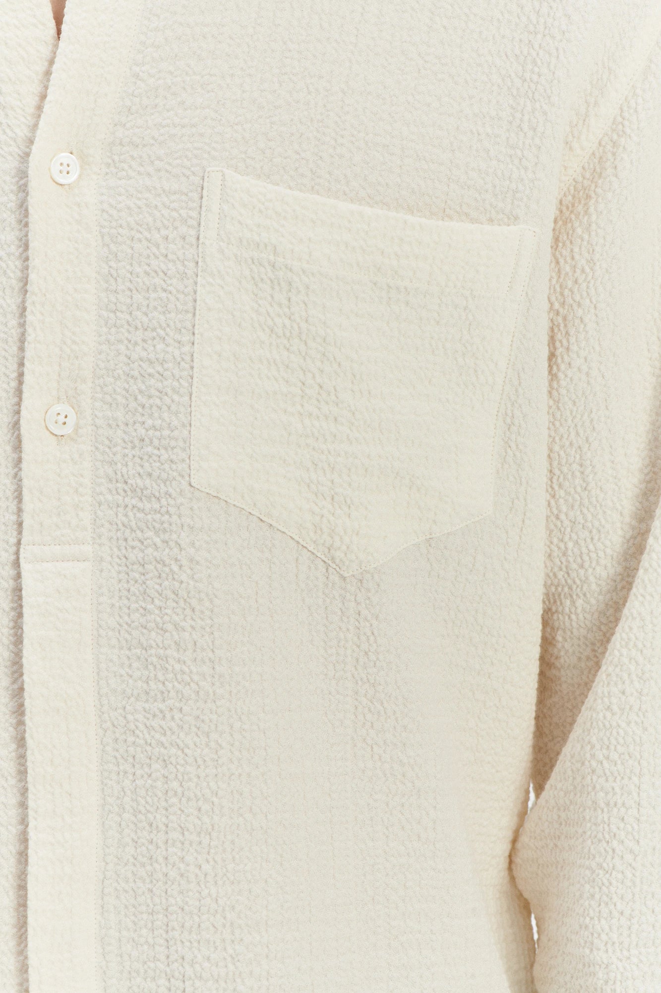 Zen Grandad Collar Shirt in the Finest Creamy White Portuguese Cashmere and Cotton Seersucker