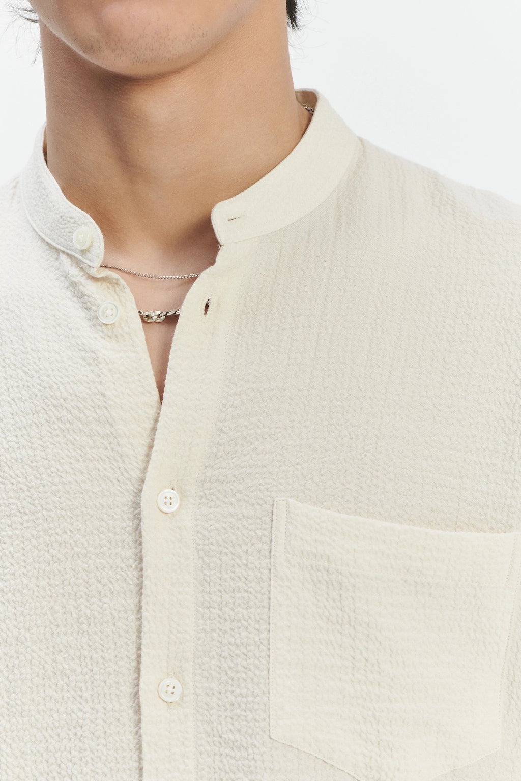 Zen Grandad Collar Shirt in the Finest Creamy White Portuguese Cashmere and Cotton Seersucker