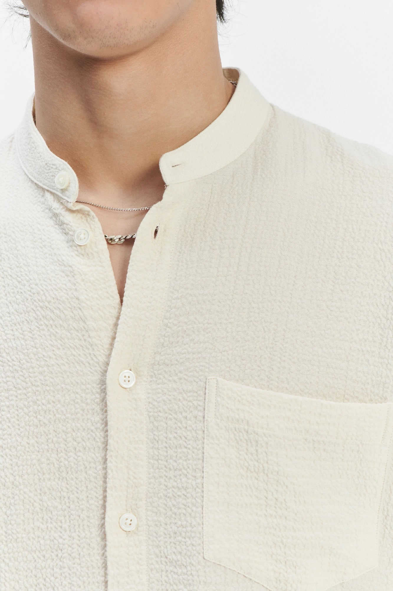 Zen Grandad Collar Shirt in the Finest Creamy White Portuguese Cashmere and Cotton Seersucker