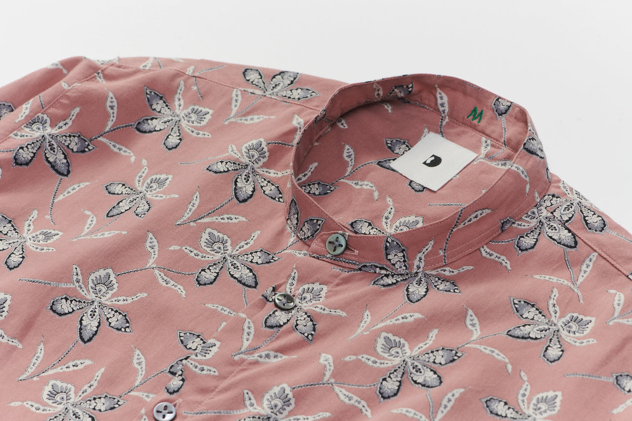 Zen Grandad Collar Shirt in a Smart Powder Pink Italian Printed Cotton