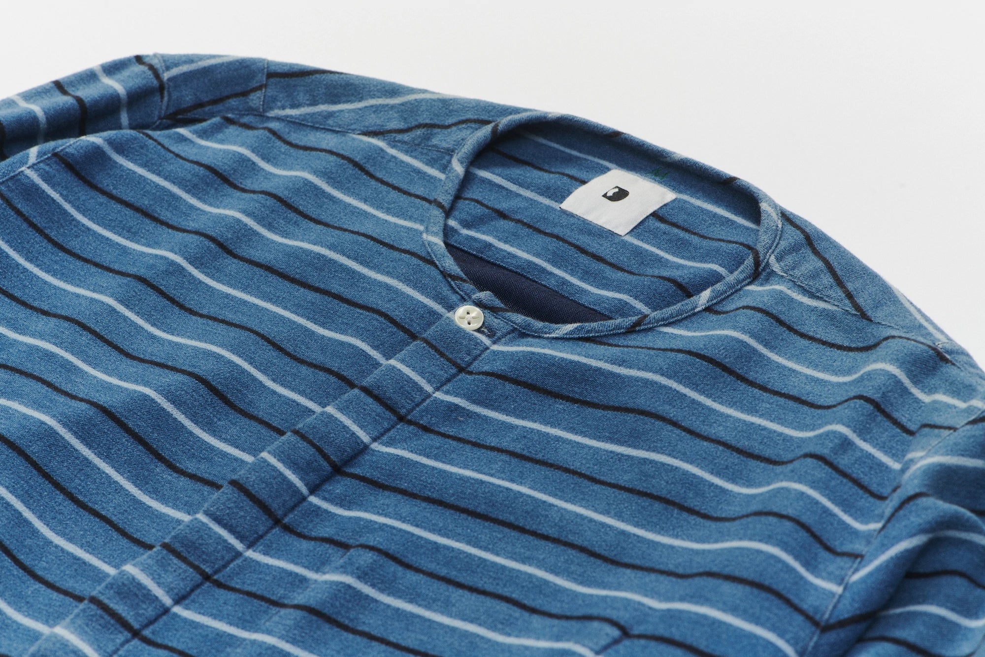 Harmony Collarless Shirt in a Blue Indigo and Grey Striped Soft Italian Brushed Cotton Flannel