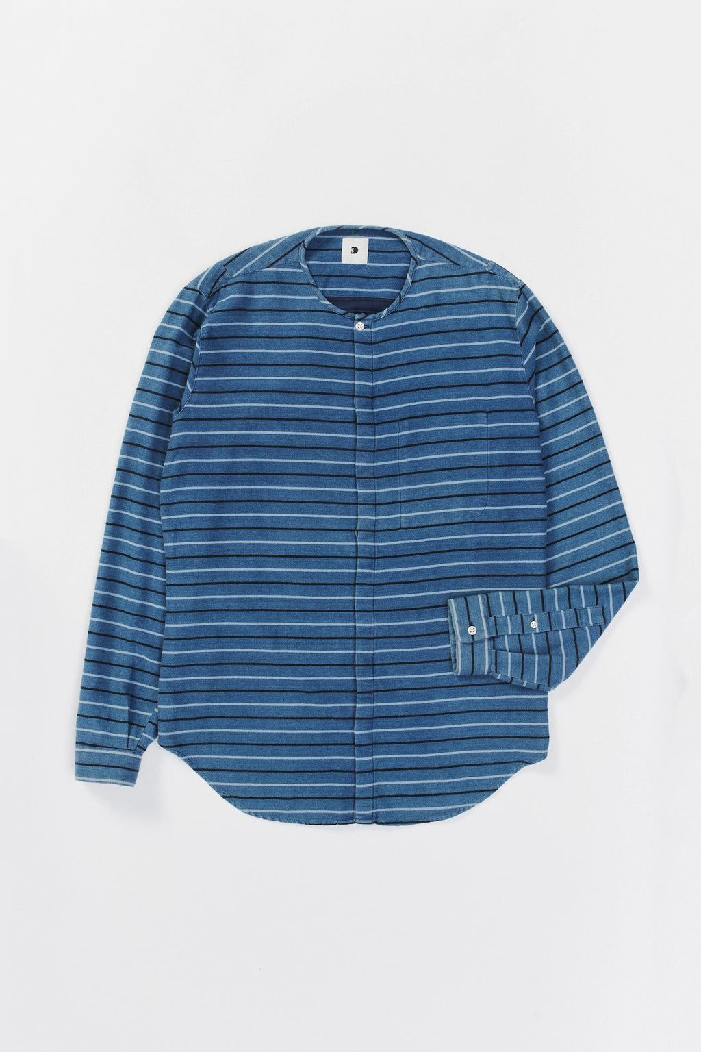 Harmony Collarless Shirt in a Blue Indigo and Grey Striped Soft Italian Brushed Cotton Flannel