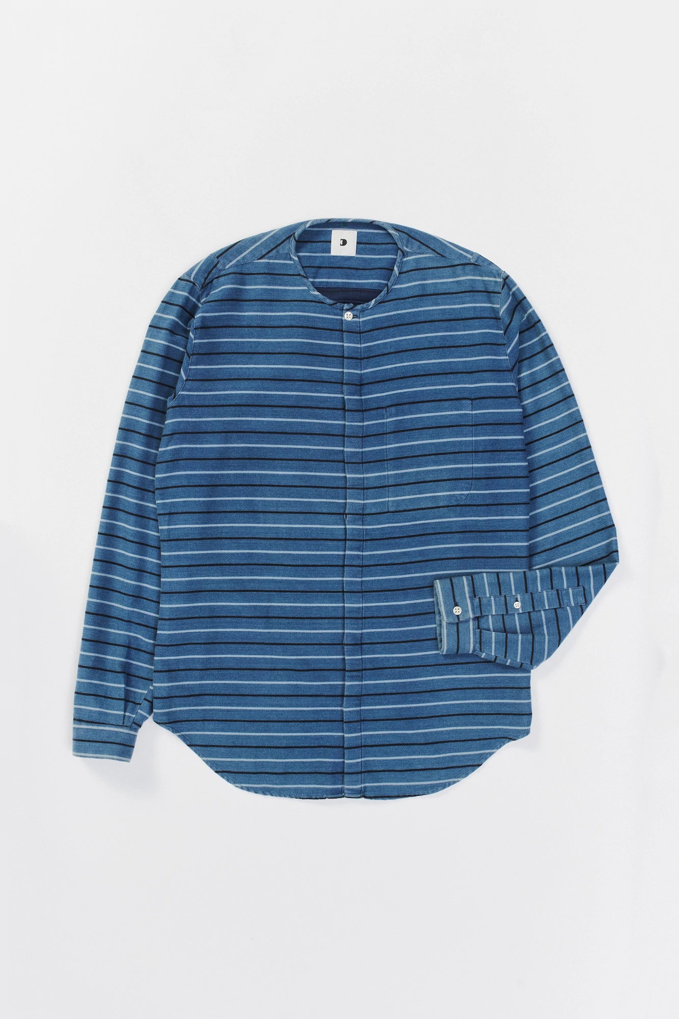 Harmony Collarless Shirt in a Blue Indigo and Grey Striped Soft Italian Brushed Cotton Flannel