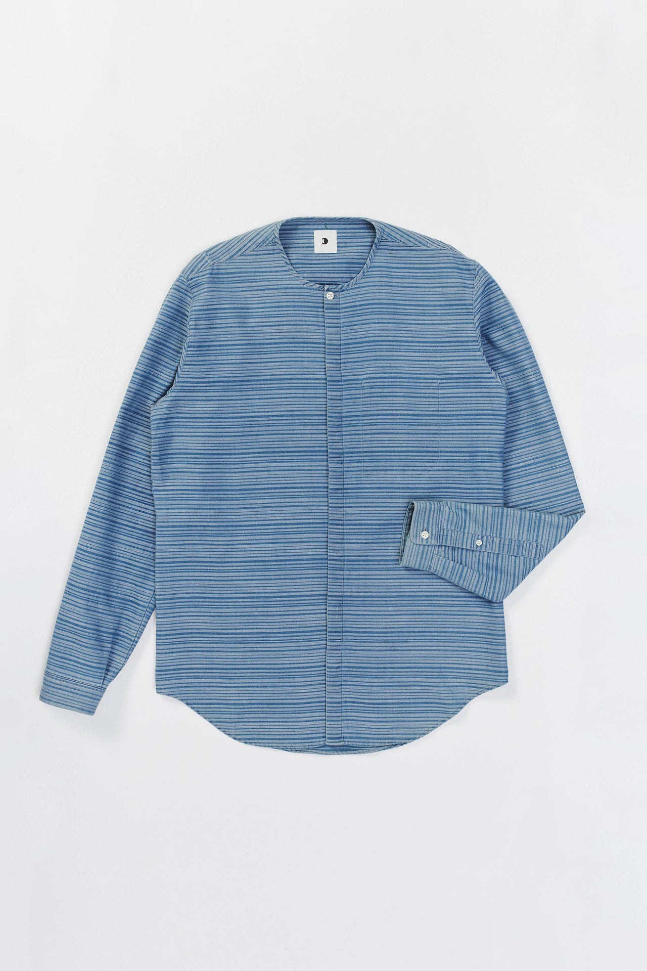 Harmony Colarless Shirt in a Blue Indigo Horizontal Stripe Italian Cotton Denim