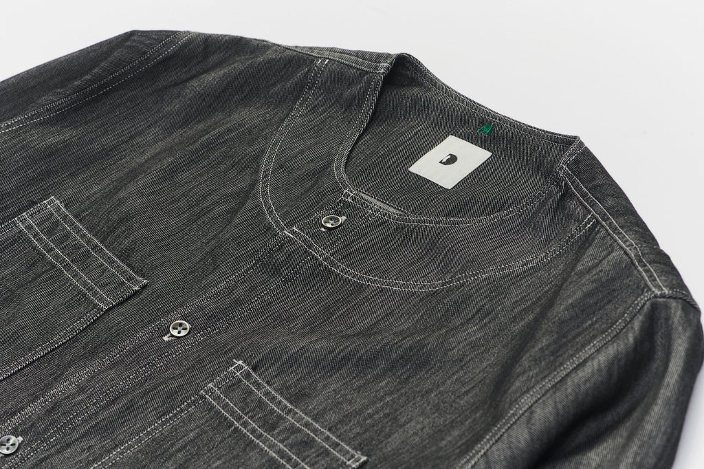Collarless Carpenter Overshirt in a Washed Grey Indigo Italian Cotton Denim