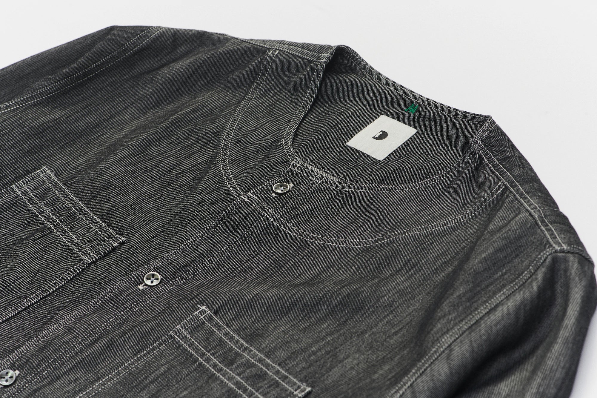 Collarless Carpenter Overshirt in a Washed Grey Indigo Italian Cotton Denim